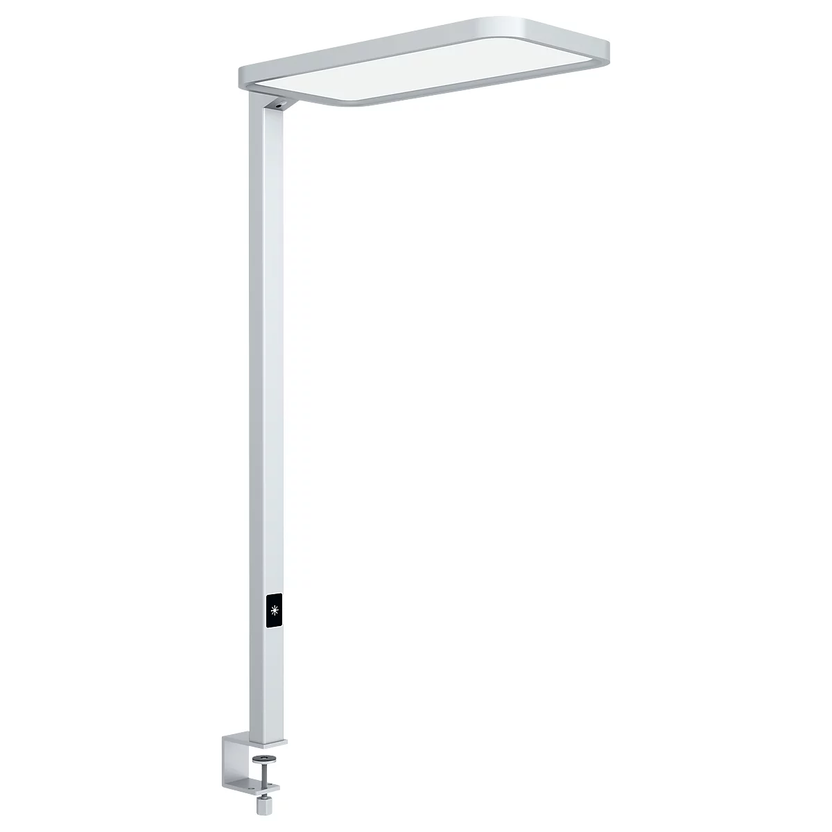 A white rectangular LED desk lamp with a clamp base.