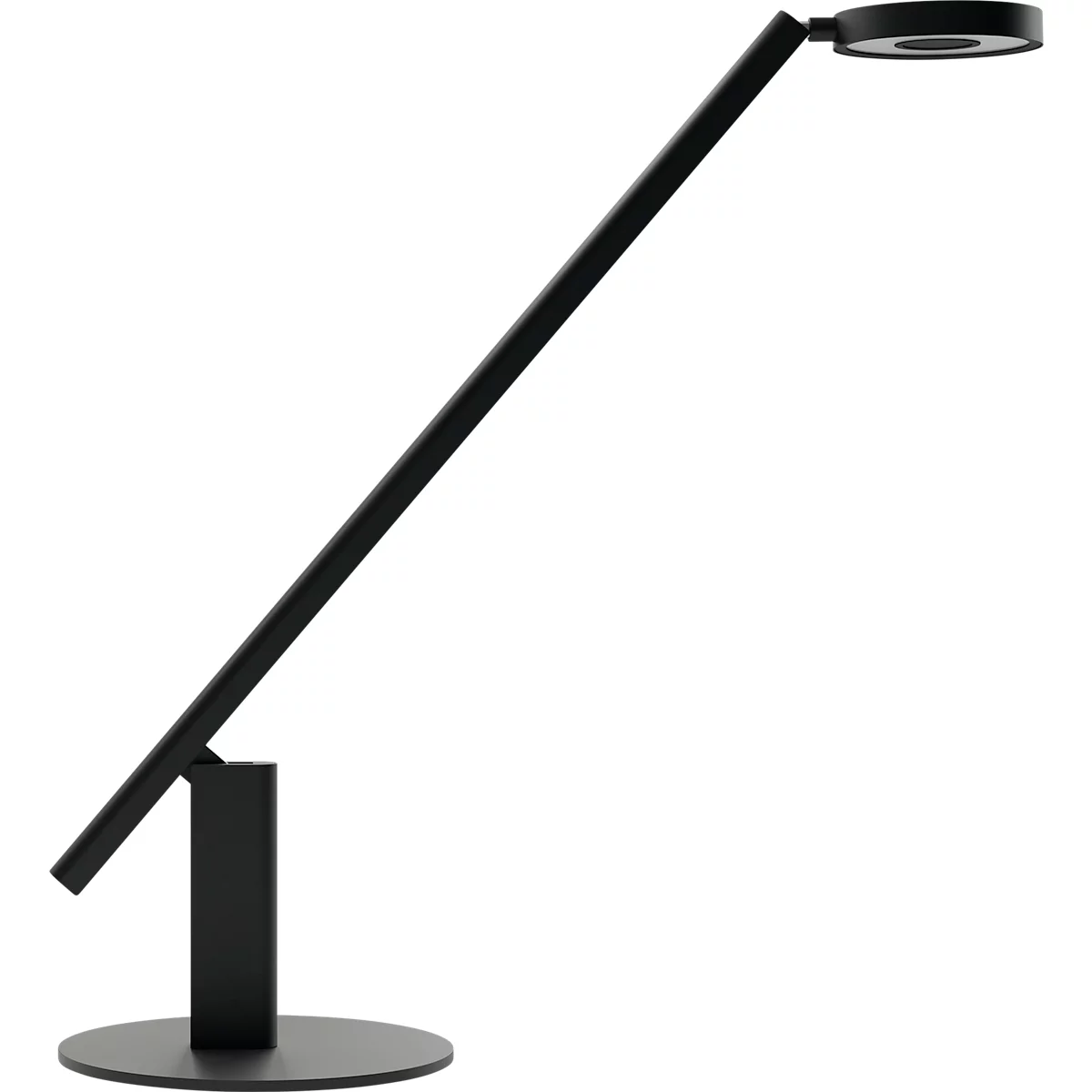 Black desk lamp with a round light head. The long, thin arm is angled upwards.