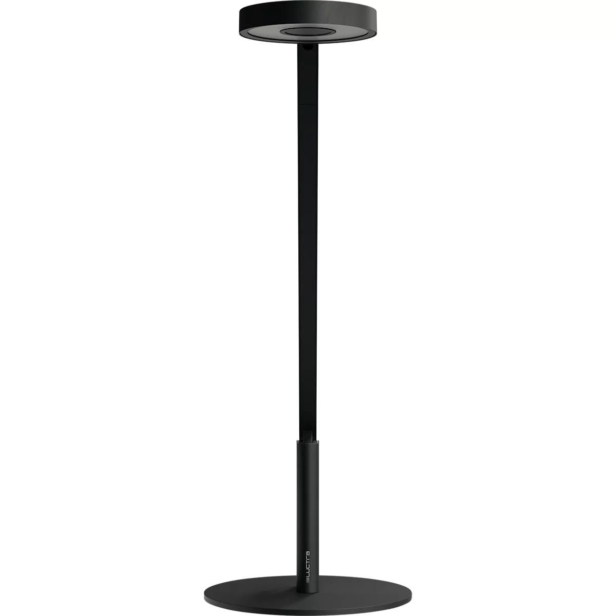 A black standing lamp with a round base, a long shaft, and a round light fixture.