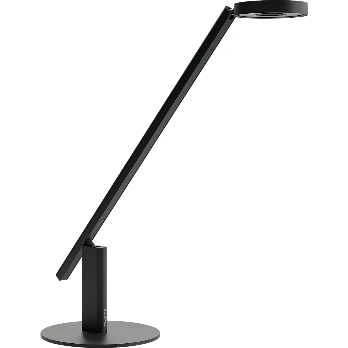 Black desk lamp with a round lamp head, angled arm and round base.