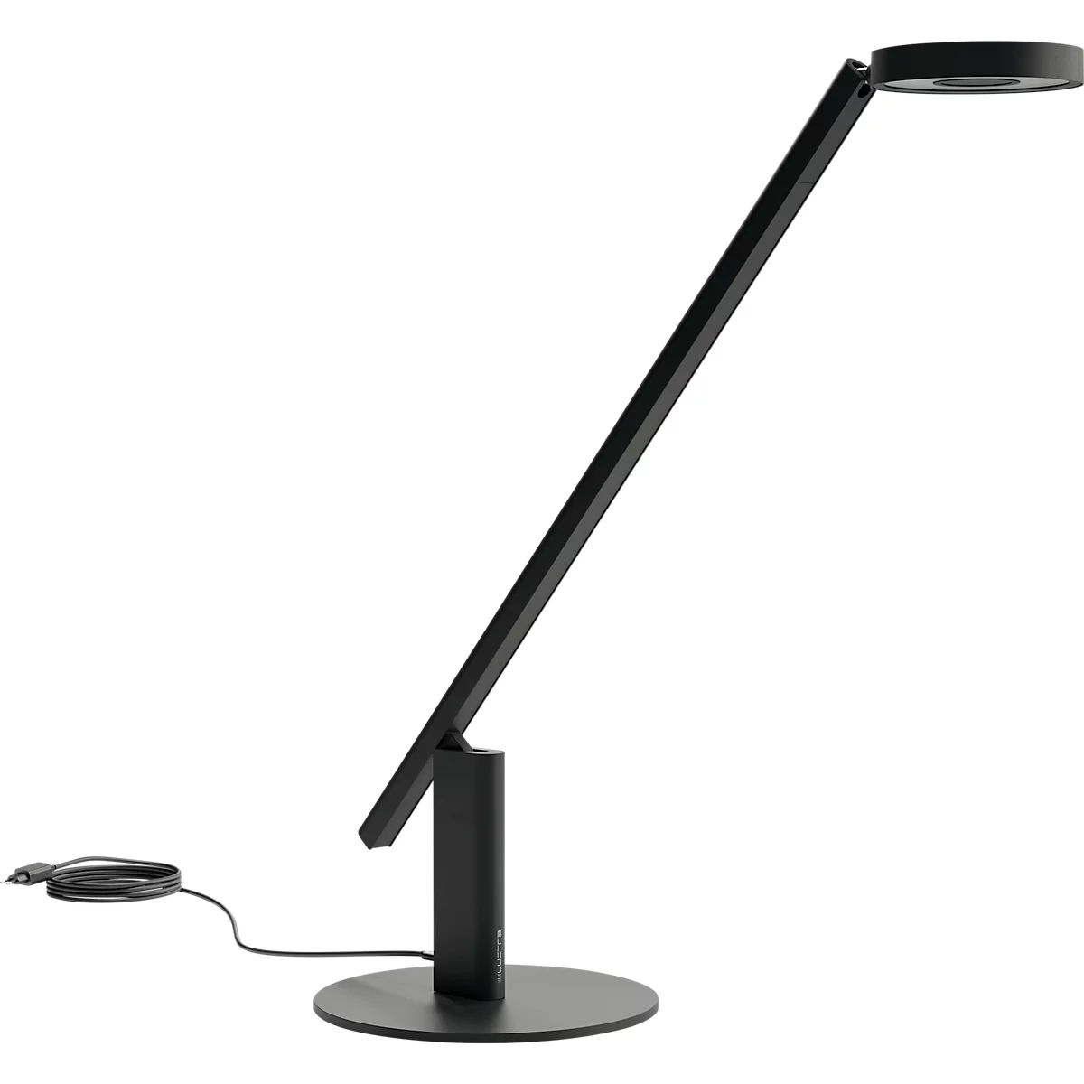 A black desk lamp with a round light head, a straight arm and a round base.