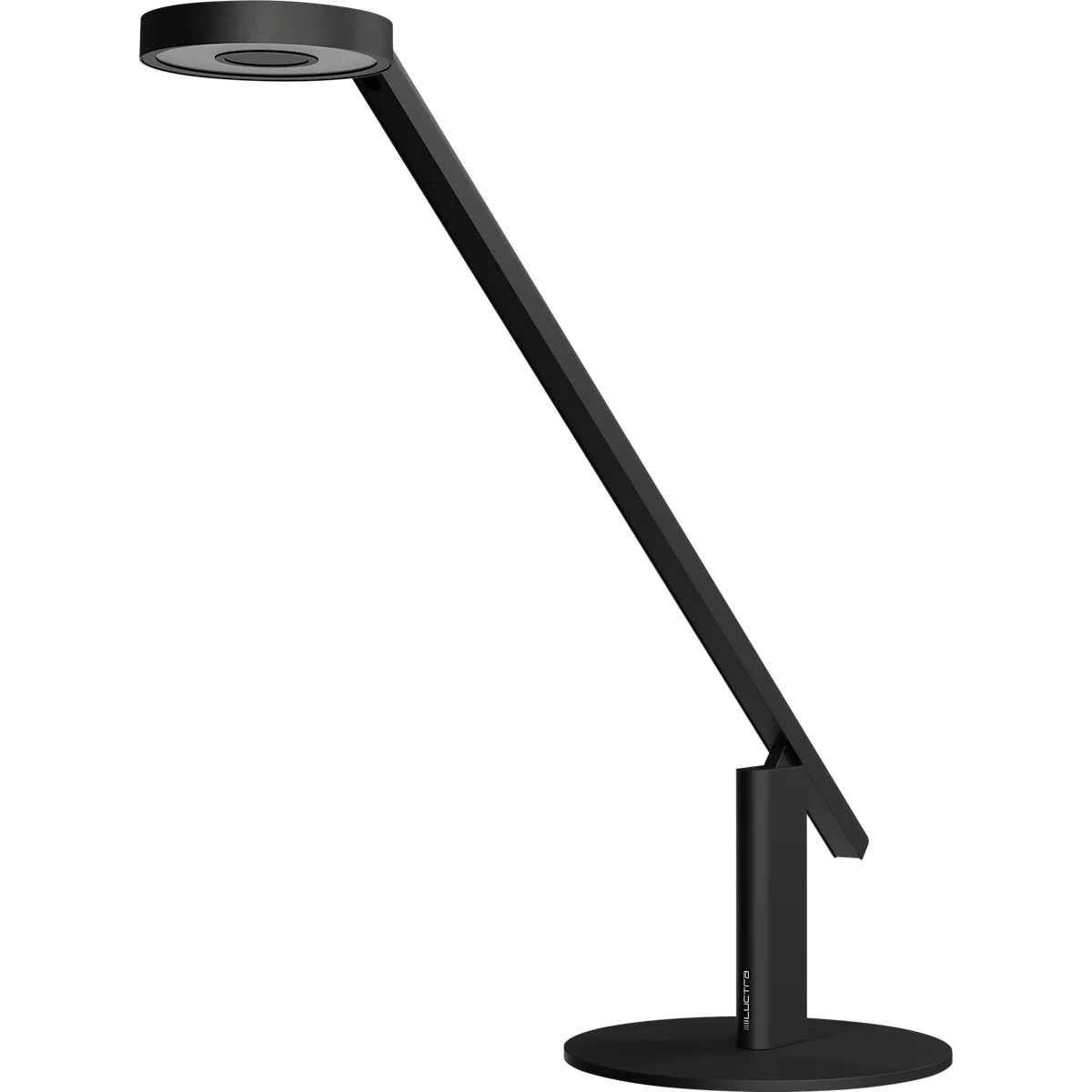 Black desk lamp with a round light head and a slender arm on a round base.
