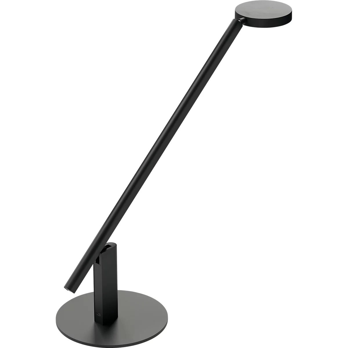 Black desk lamp, consisting of round base, narrow arm and round lampshade.