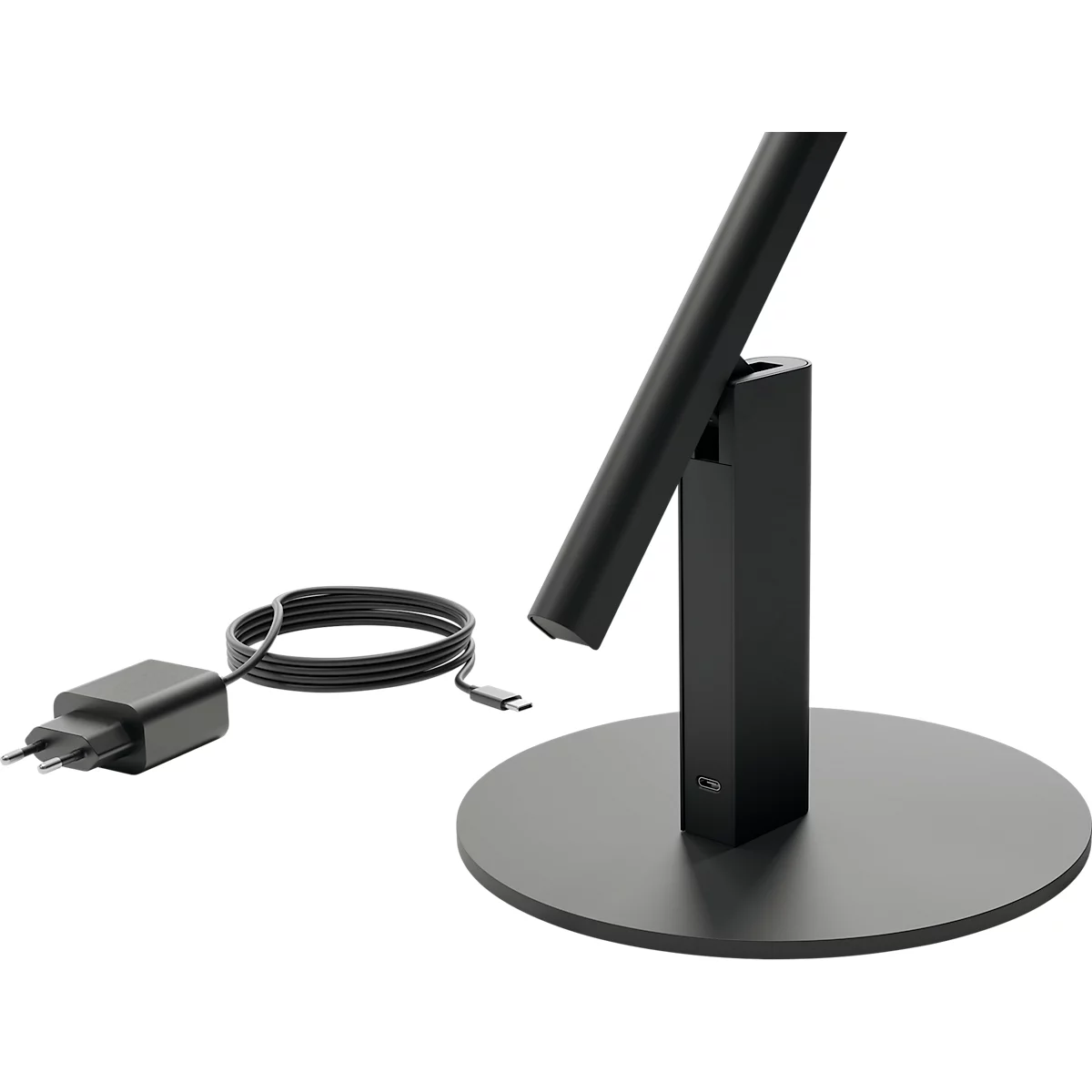 A black table lamp with a round base, the lamp arm, and a charger.