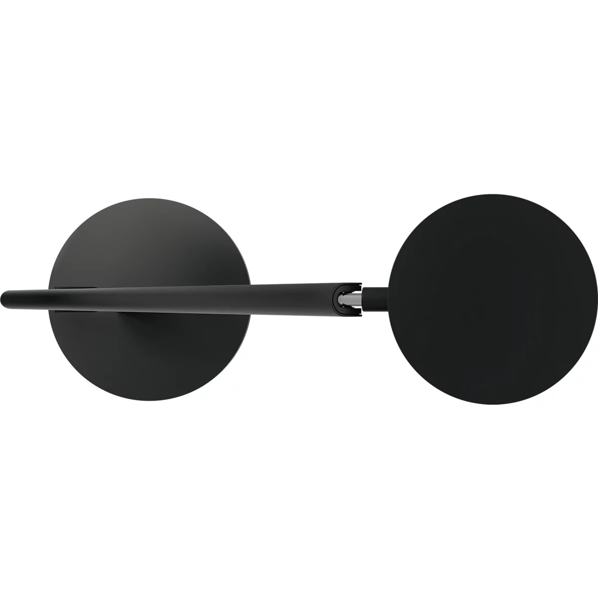 Black wall lamp with two circular lights and a straight arm.