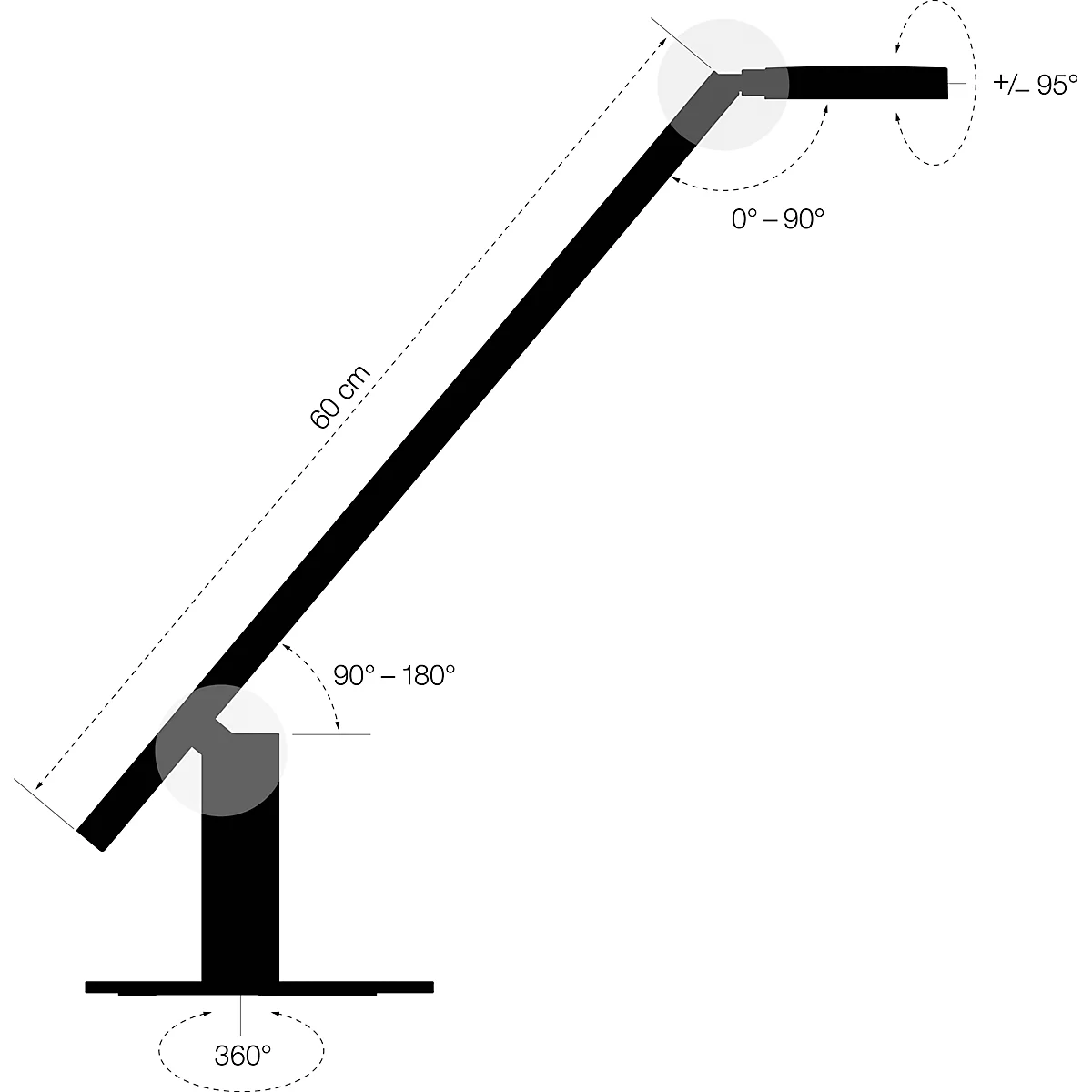 Black sketched desk lamp, angled and rotatable, with dimensions and angles indicated.