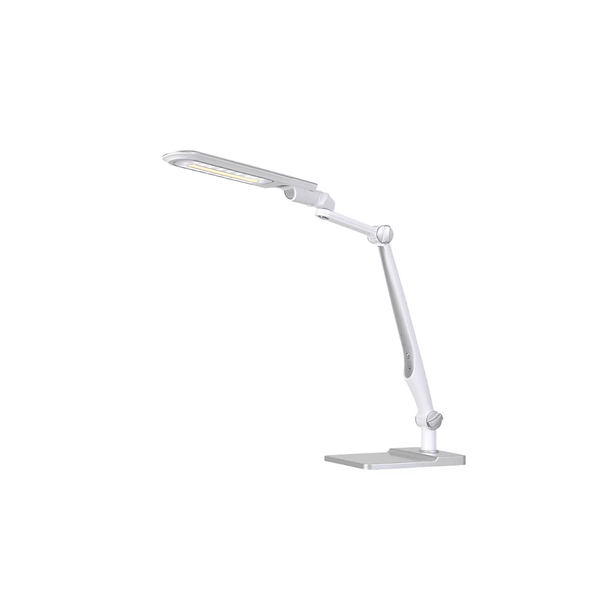 White desk lamp against a white background. The lamp head is rectangular, the arm is adjustable in several places. The lamp is illuminated.