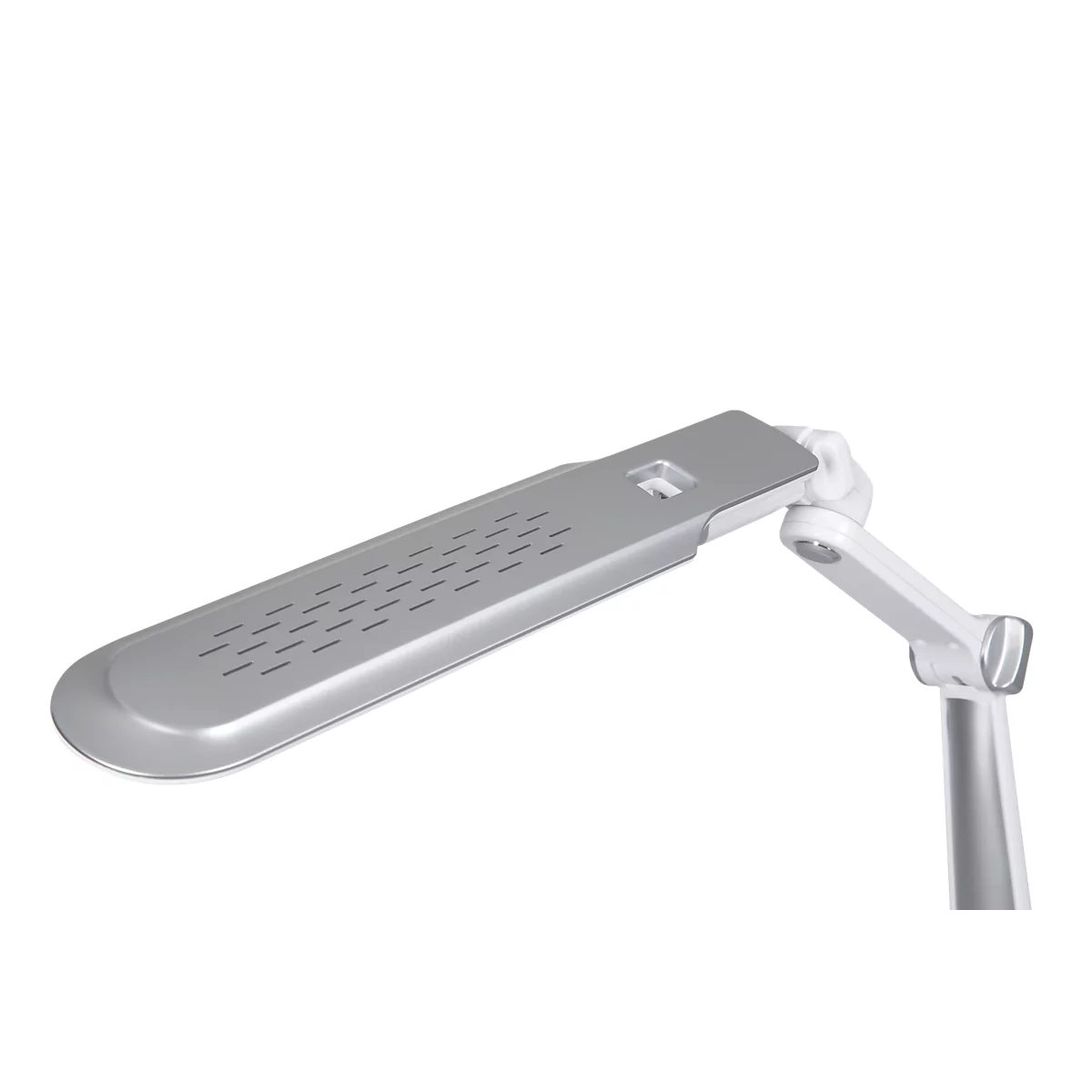 A silver desk lamp positioned at an angle against a white background. The lamp head has openings.