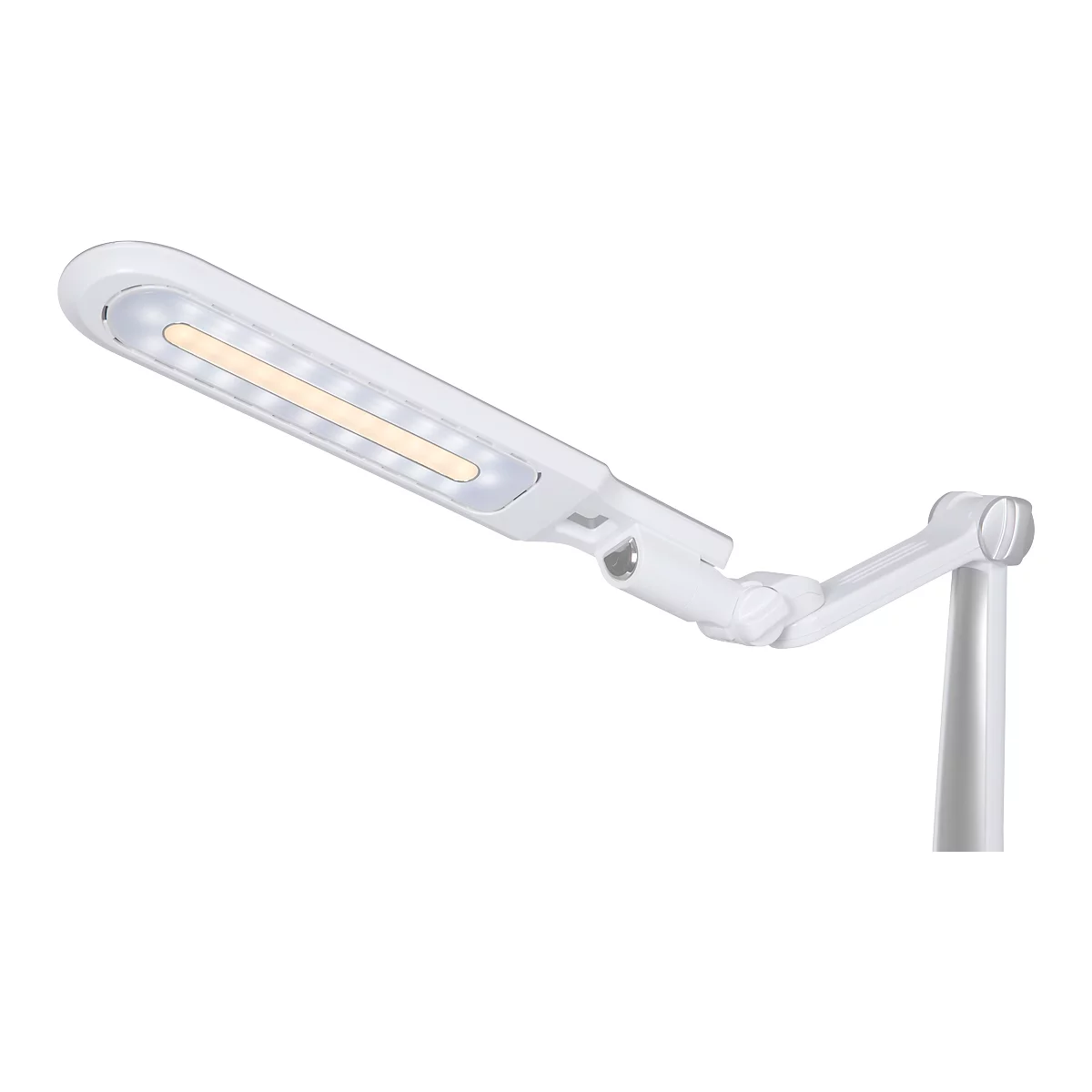 White LED desk lamp, illuminated. It is attached to a pole via a movable arm.