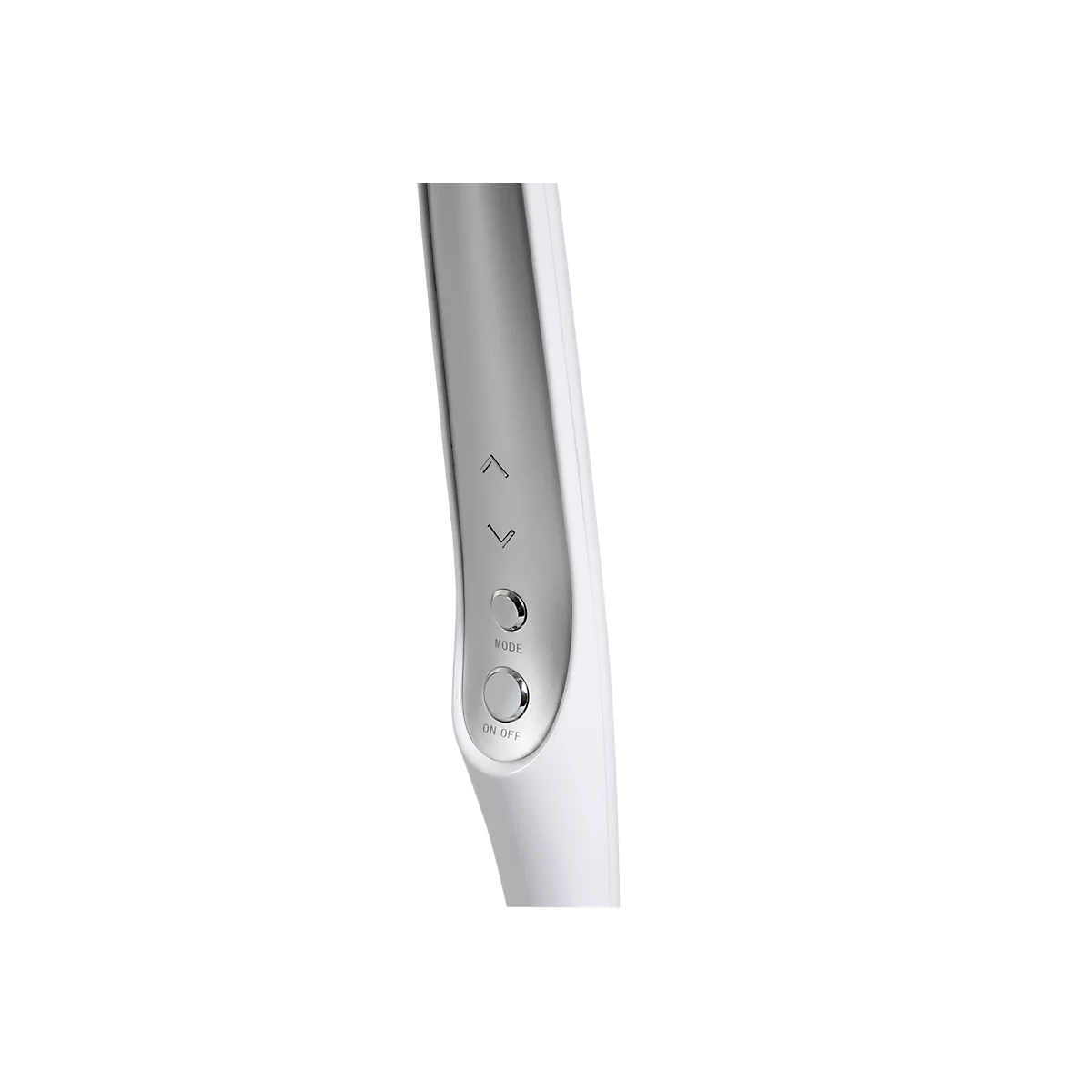 White, slender device with a silver strip and three buttons. Arrow up and down on top. A small circle at the bottom.