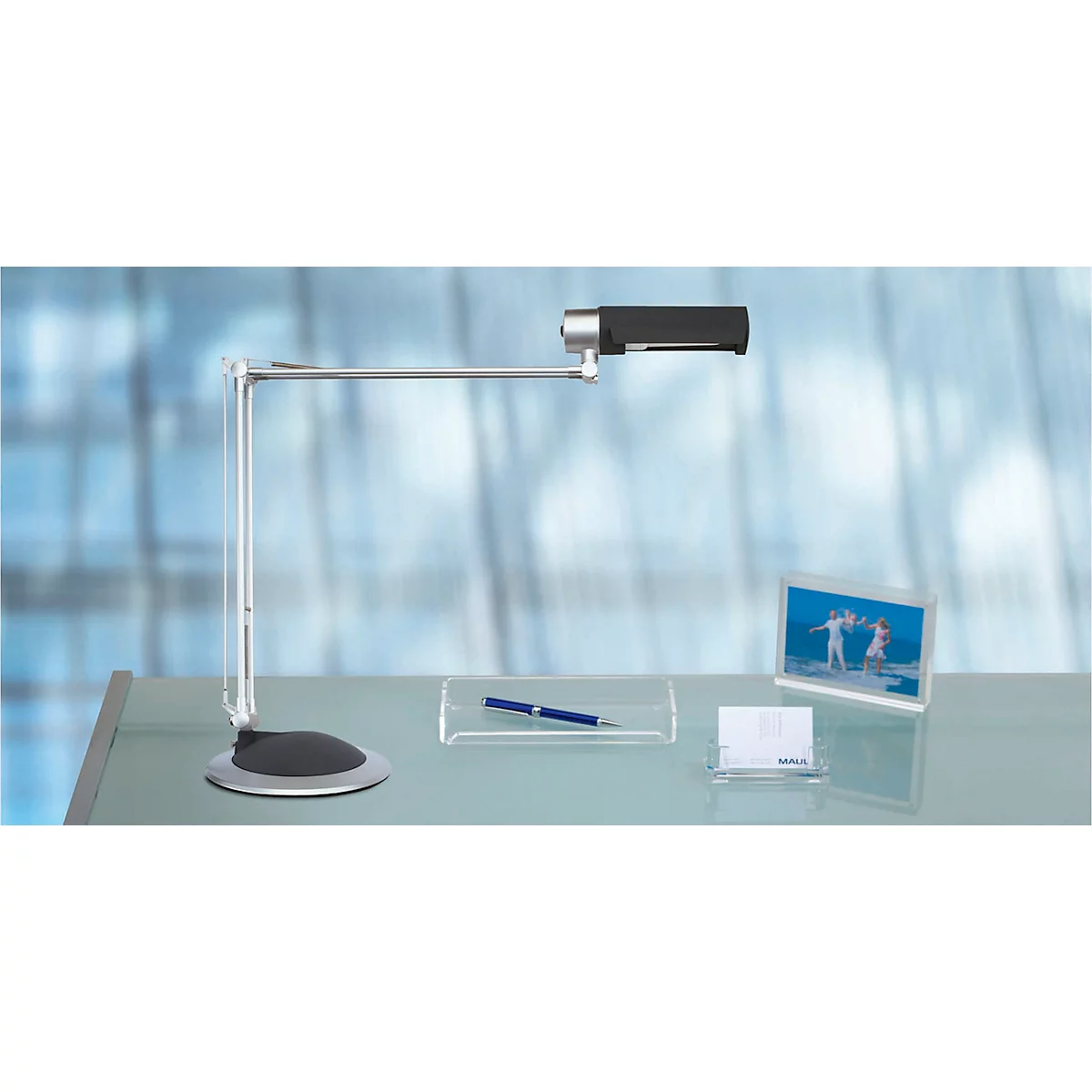 LED-tafellamp MAULoffice, draai- &amp; kantelbare kop/arm, 950 lumen, voetkeuze, hoogte 540 mm, aluminium &amp; metaal, zilver-antraciet