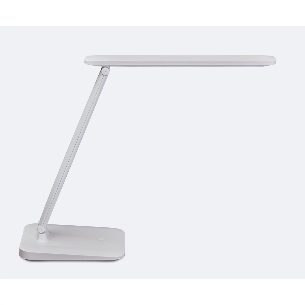 Close-up van een grijze LED-lamp met oplichtende LED's. De lampkop is verbonden met een scharnier.