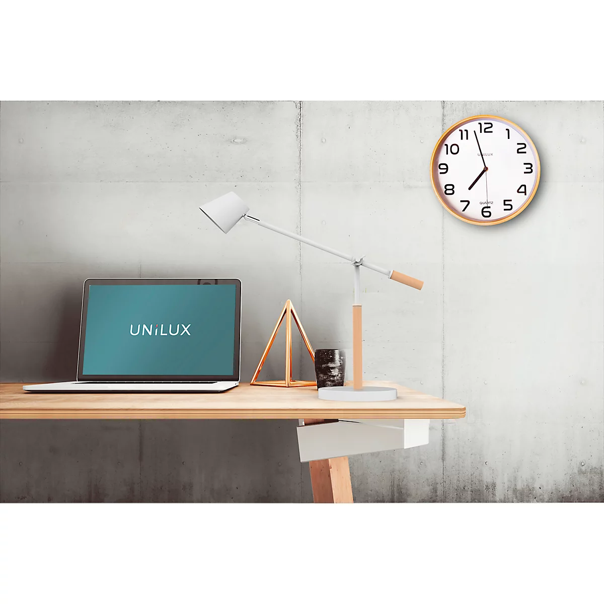 LED tafellamp UNILUX VICKY, 9 W, 900 lm, 3000 K, 3 lichtsterktes, dimbaar, USB-oplaadfunctie, beukenhout &amp; staal, wit-beuken