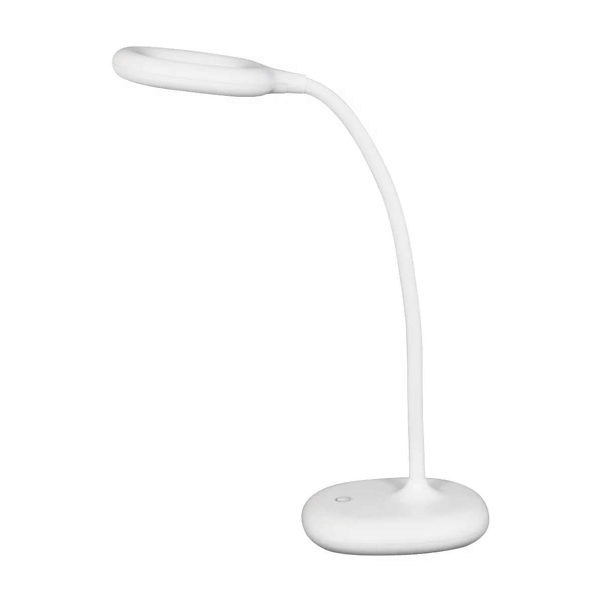 Eine weiße, moderne Schreibtischlampe. Der Lampenkopf ist oval. Der schmale, flexible Arm verbindet ihn mit einem runden Fuß.