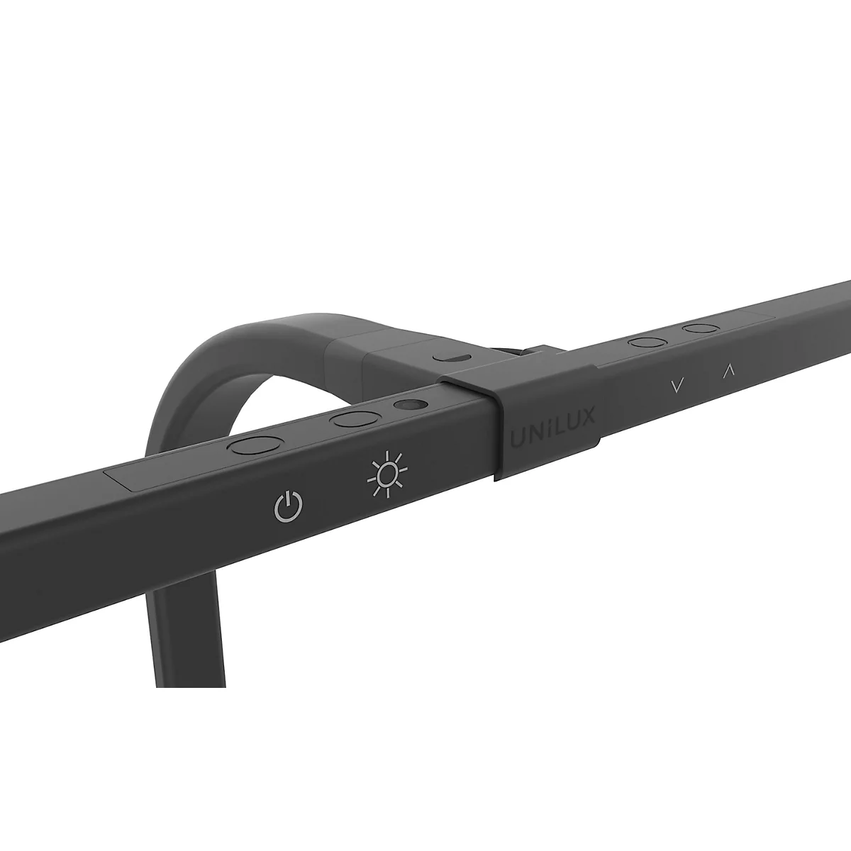 Nahaufnahme einer schwarzen Schreibtischlampe mit Bedienelementen und dem Schriftzug "UNILUX".