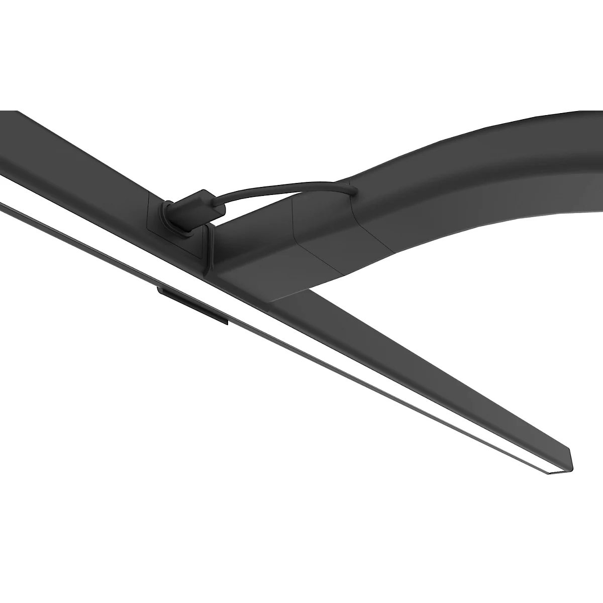 Detaillierte Nahaufnahme einer schwarzen LED-Leuchte mit einem weißen Lichtstreifen, an einer Halterung mit Kabel befestigt, vor weißem Hintergrund.