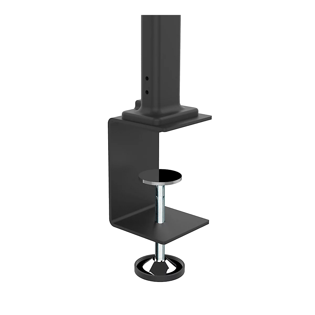 Schwarze Tischklemme, an der eine Säule befestigt ist. Der Schraubfuß hat einen schwarzen Rand.