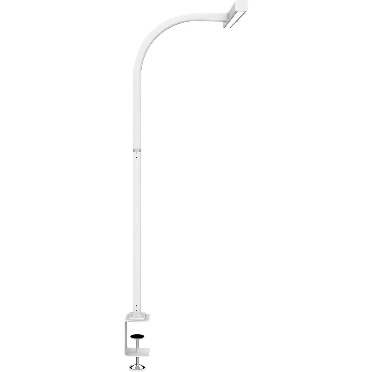 Weiß-silberne Klemmleuchte mit gebogenem Arm und quadratischem Leuchtkopf. Am Fuß befindet sich eine Klemme zur Befestigung.