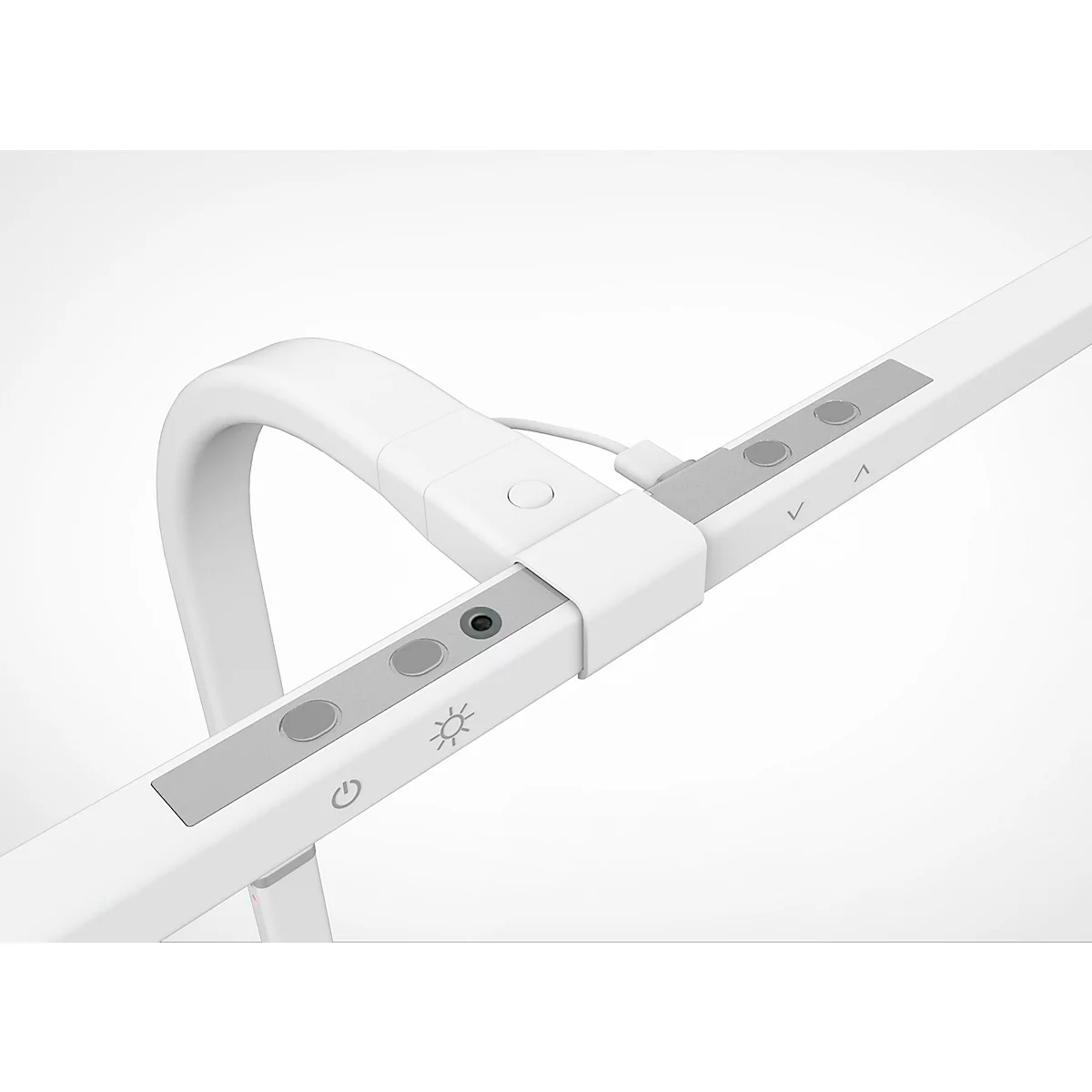 Weißer, abgewinkelter Schreibtischlampenkopf mit Touch-Bedienelementen. Auf Knöpfen sind Symbole: Ein-Aus, Sonne, Pfeile.