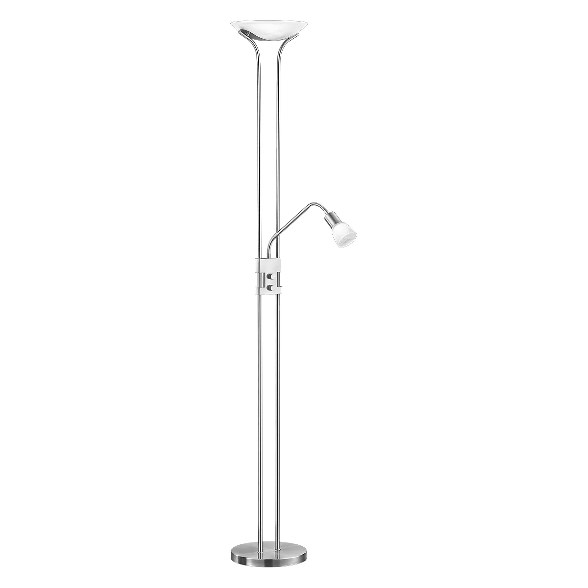Metal floor lamp with two lights. One is round, the other has a swivel arm.