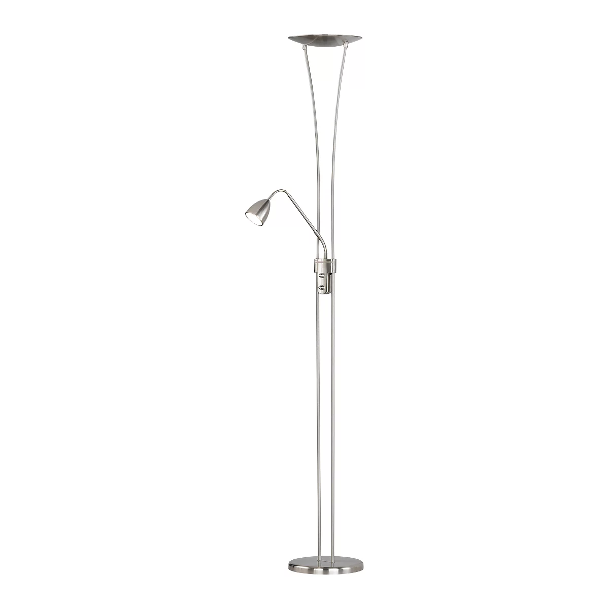 Silver floor lamp with two lights: a large upper one and a small flexible reading lamp. Both are attached to a slender, metallic frame.