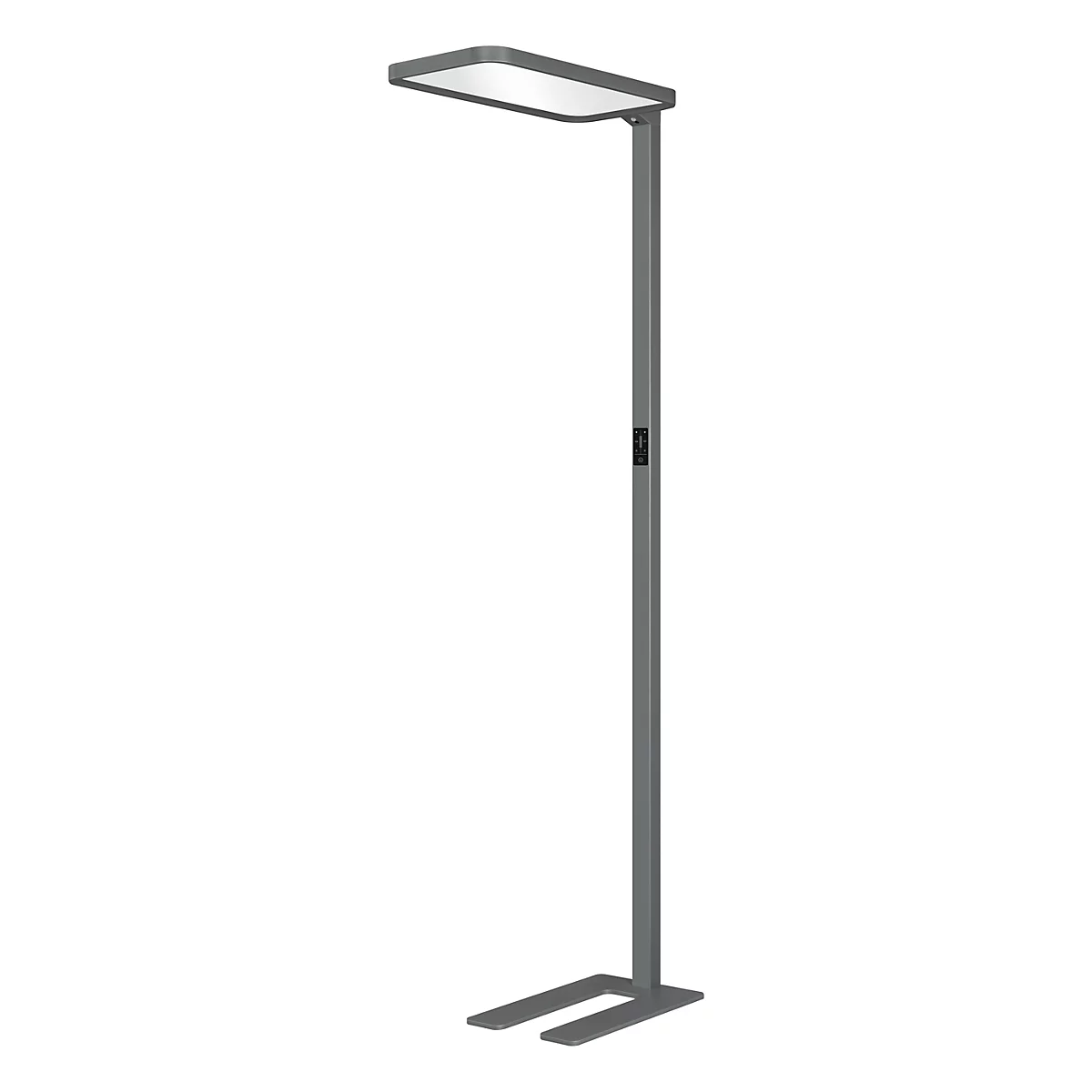 Grijze staande lamp met rechthoekige lichtkop en smalle voet op een witte achtergrond.