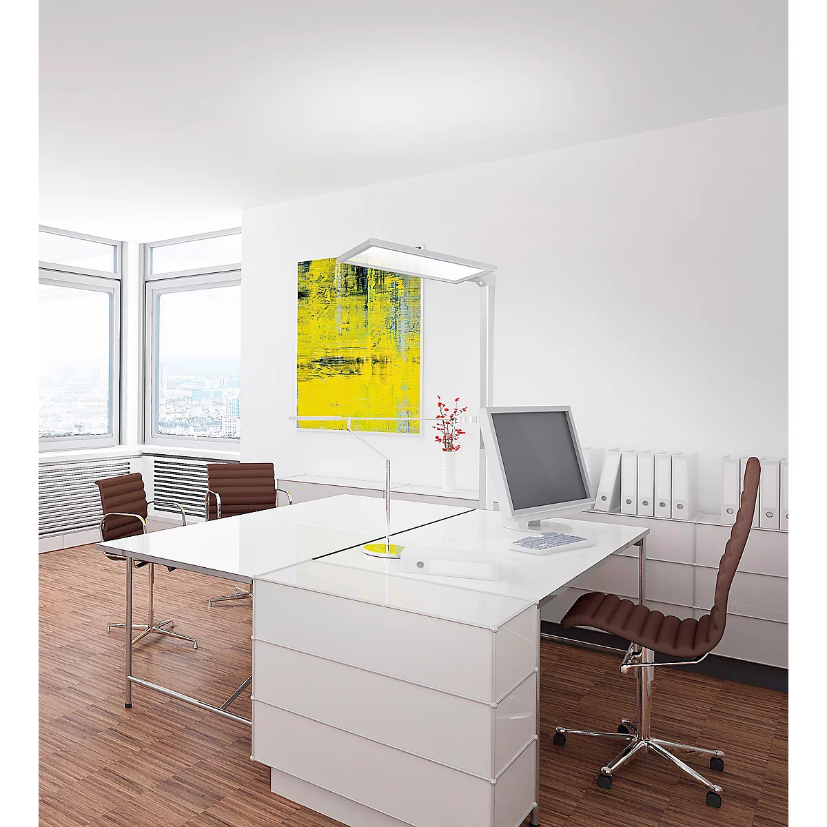 LED-vloerlamp NUBO plus, dimbaar, voor beeldschermwerkplek, directe/indirecte verlichting, 4000 K, zilver