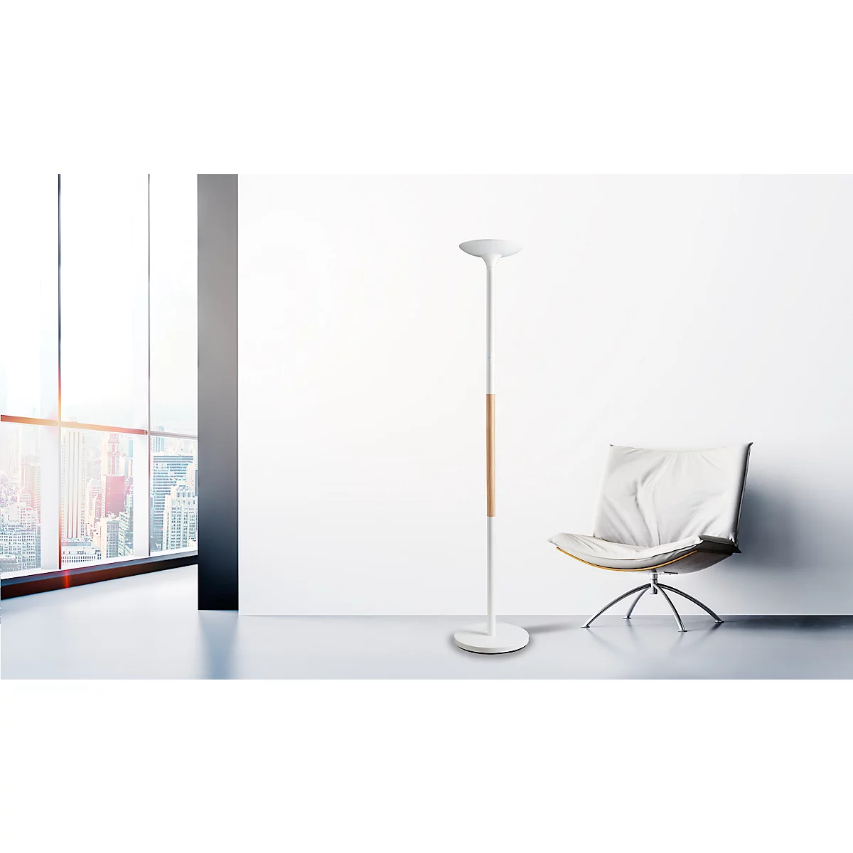 LED vloerlamp UNILUX PRYSKA, vermogen 40 W, 4000 lm, 3000 K, 3 lichtsterktes, dimbaar, Ø 340 x H 1800 mm, staal &amp; FSC®-gecertificeerd hout, wit-beuk