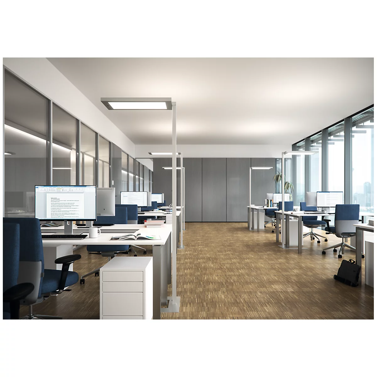 LED-vloerlamp Waldmann LAVIGO.core, 85 W, 12500 lm, 4000 K, dimbaar, daglicht-/bewegingssensor, zilver