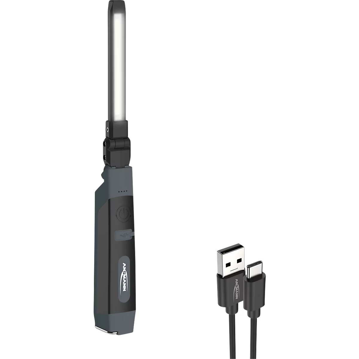 LED-Werkstattleuchte Ansmann IL500R, 500 lm (Hauptleuchte), 130 lm (Knopfleuchte), bis zu 12 h, IP20, IK07, B 43 × T 33 x H 320 mm, schwarz