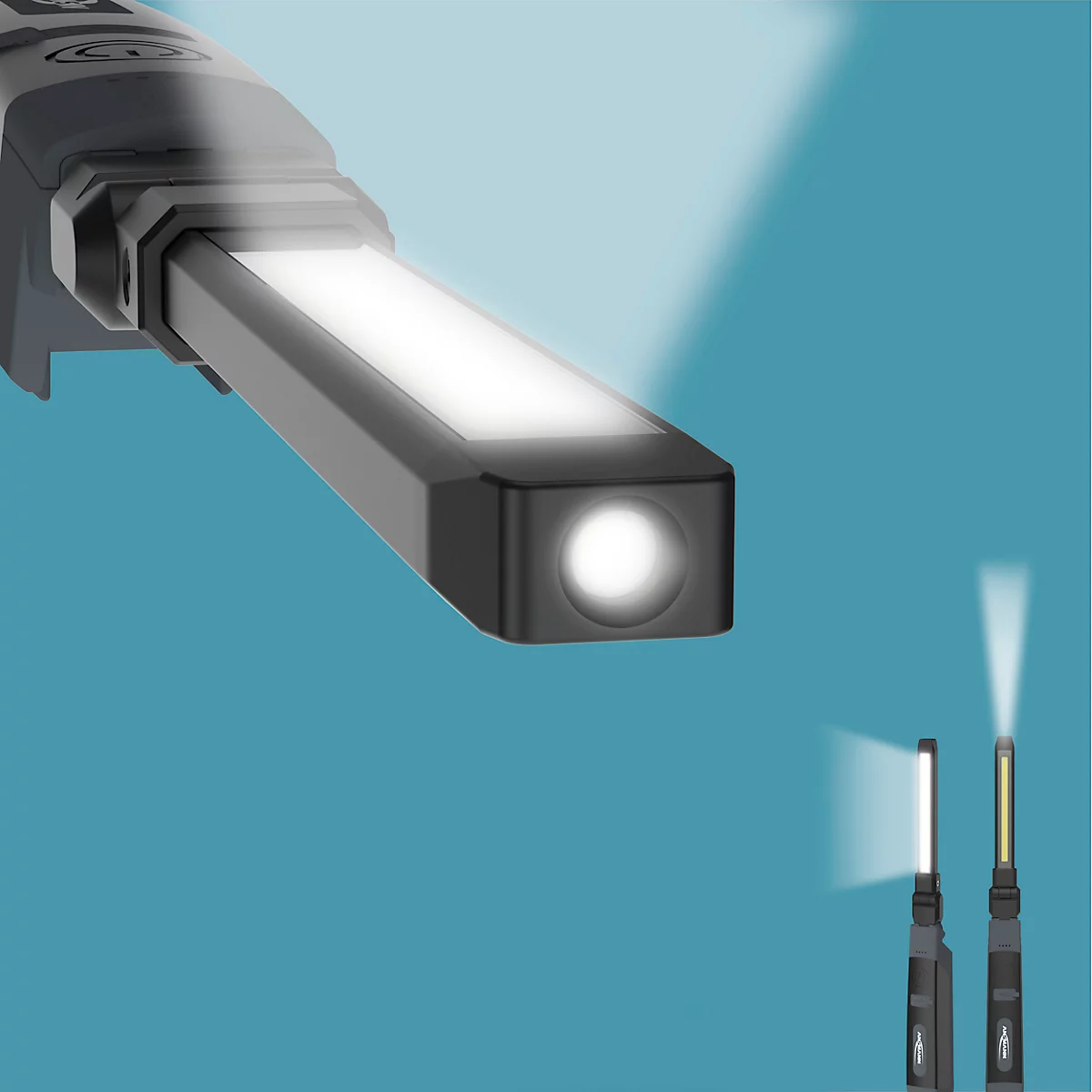 LED-Werkstattleuchte Ansmann IL500R, 500 lm (Hauptleuchte), 130 lm (Knopfleuchte), bis zu 12 h, IP20, IK07, B 43 × T 33 x H 320 mm, schwarz