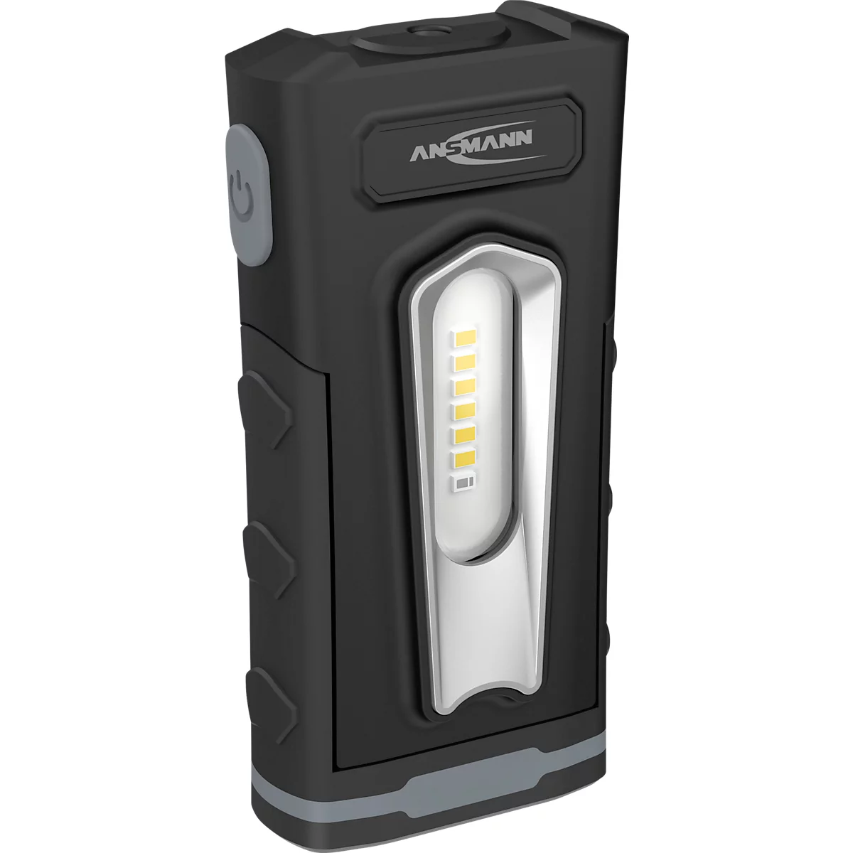 LED-Werkstattleuchte Ansmann WL 500R Pocket, 500 lm (Hauptleuchte), 180 lm (Knopfleuchte), bis zu 26 h, B 64,8 × T 40,5 × H 131 mm, schwarz