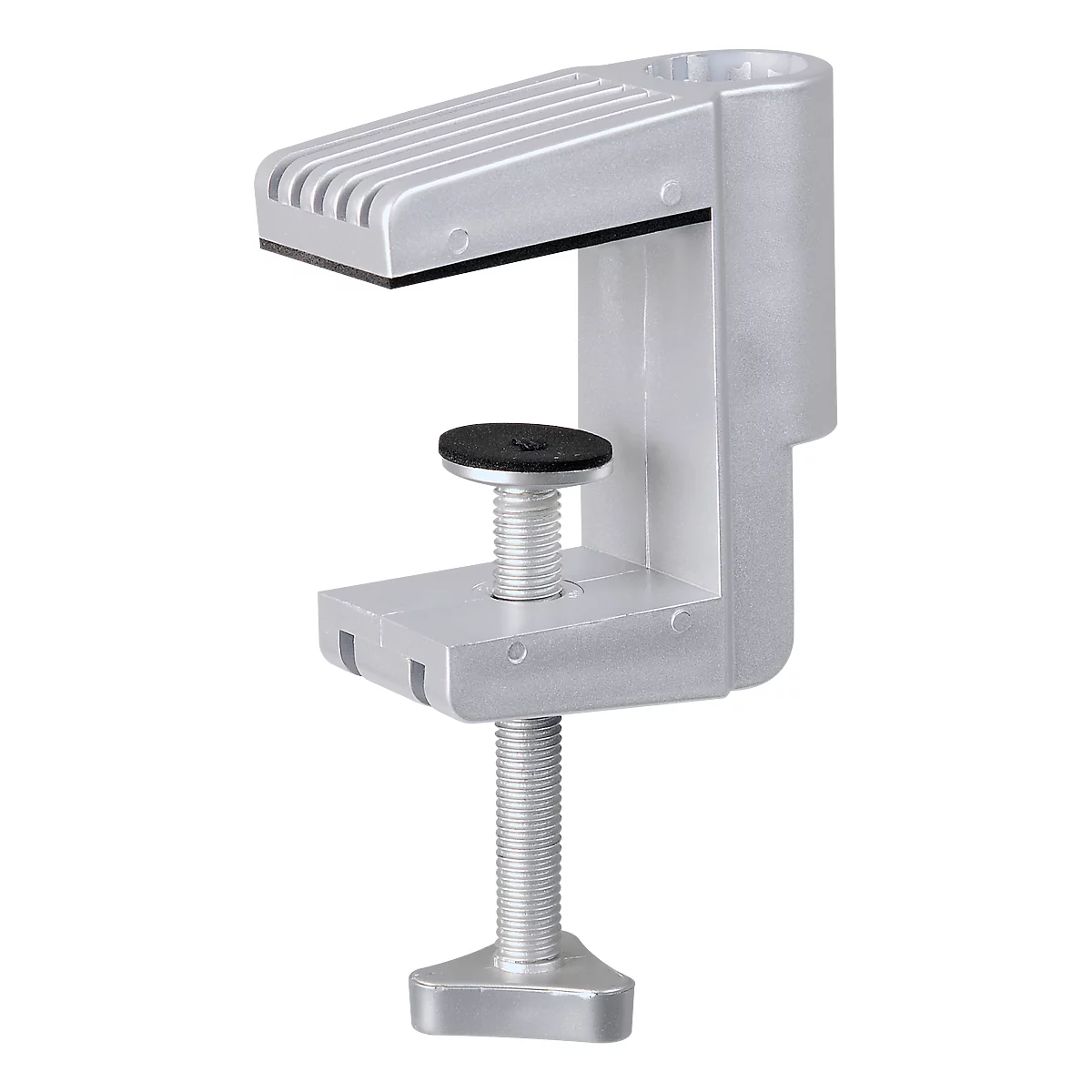 Silver desk clamp, screw, and fastener in detail. Upper part with recesses, lower part for clamping.