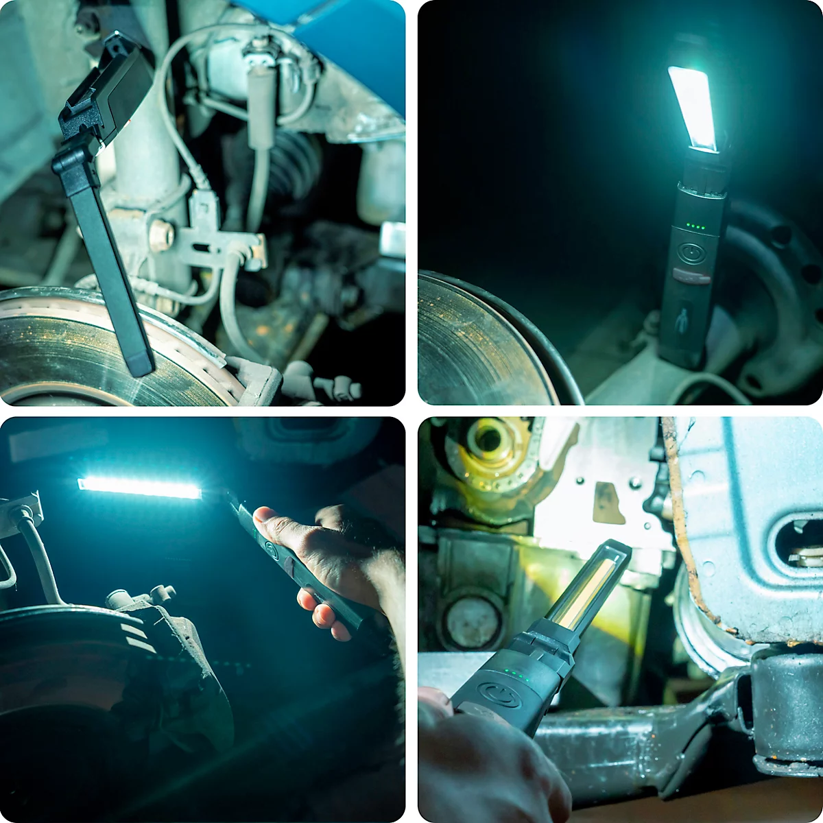 Four images: LED lights in action. A light is placed in the engine compartment, illuminating individual parts. One is used on a tire. Another illuminates an engine block.