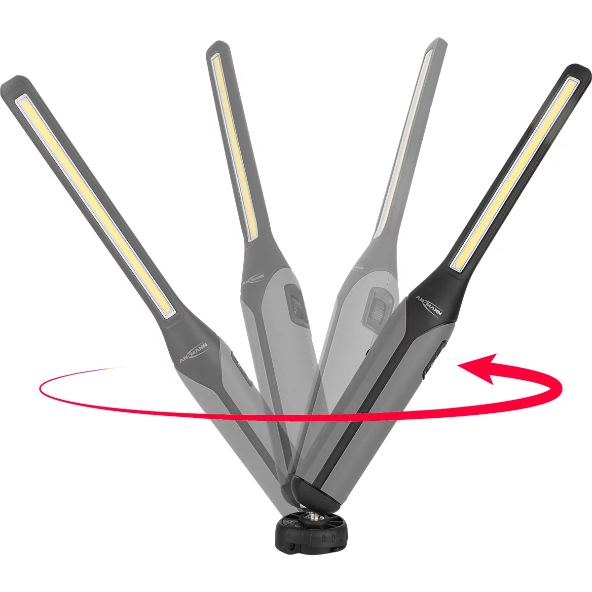 An LED work light at various angles, with a red rotation arrow. The light head is rectangular, the housing gray-black.
