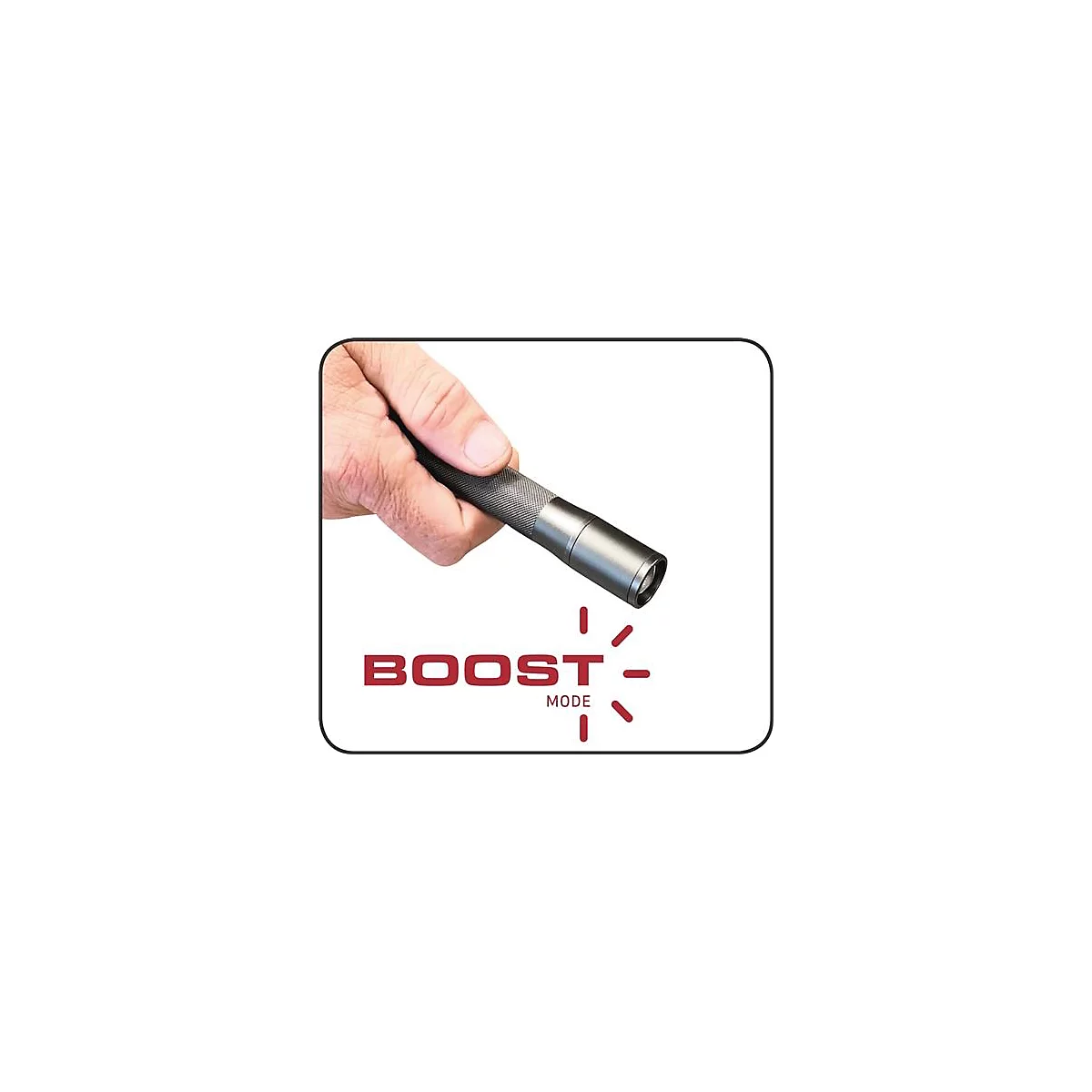 Hand houdt zwarte zaklamp vast, naast rode tekst: Boost Mode.