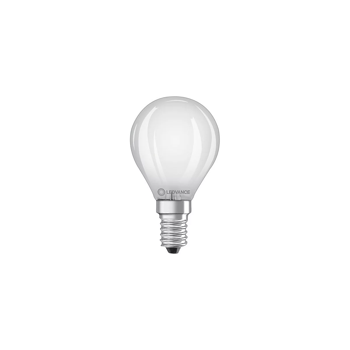 Weiße, matte LED-Lampe in Kugelform mit E14-Sockel und LEDVANCE-Logo.