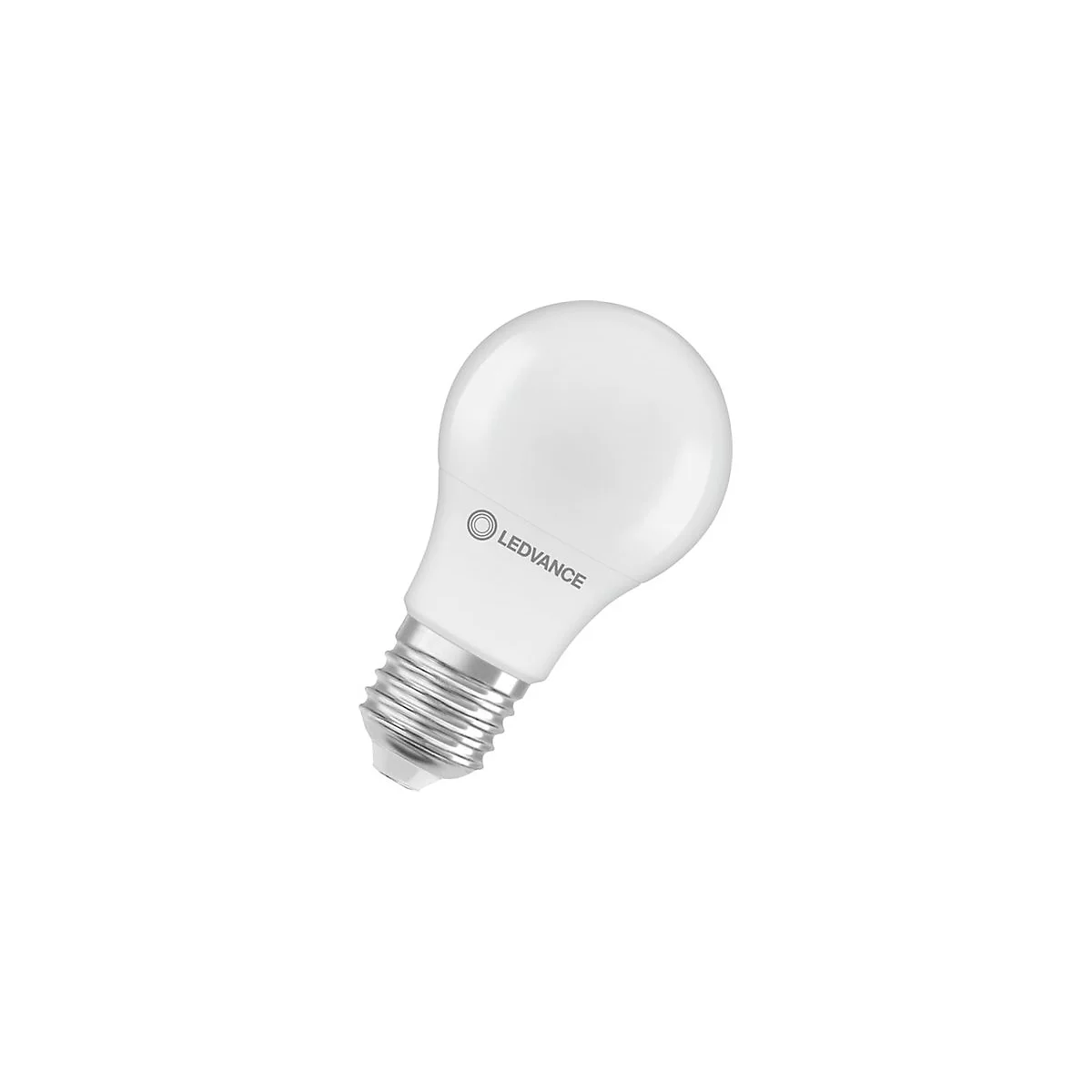 Weiße LED-Lampe in klassischer Birnenform mit E27-Gewinde und LEDVANCE-Logo.