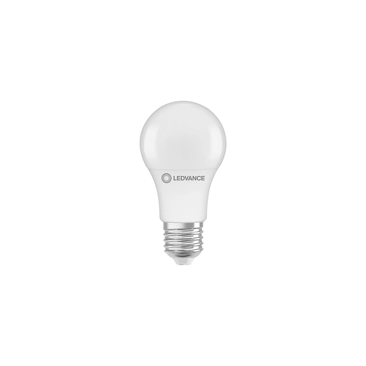 Weiße LED-Lampe in Tropfenform mit silbernem E27-Gewindesockel und aufgedrucktem Ledvance-Logo.