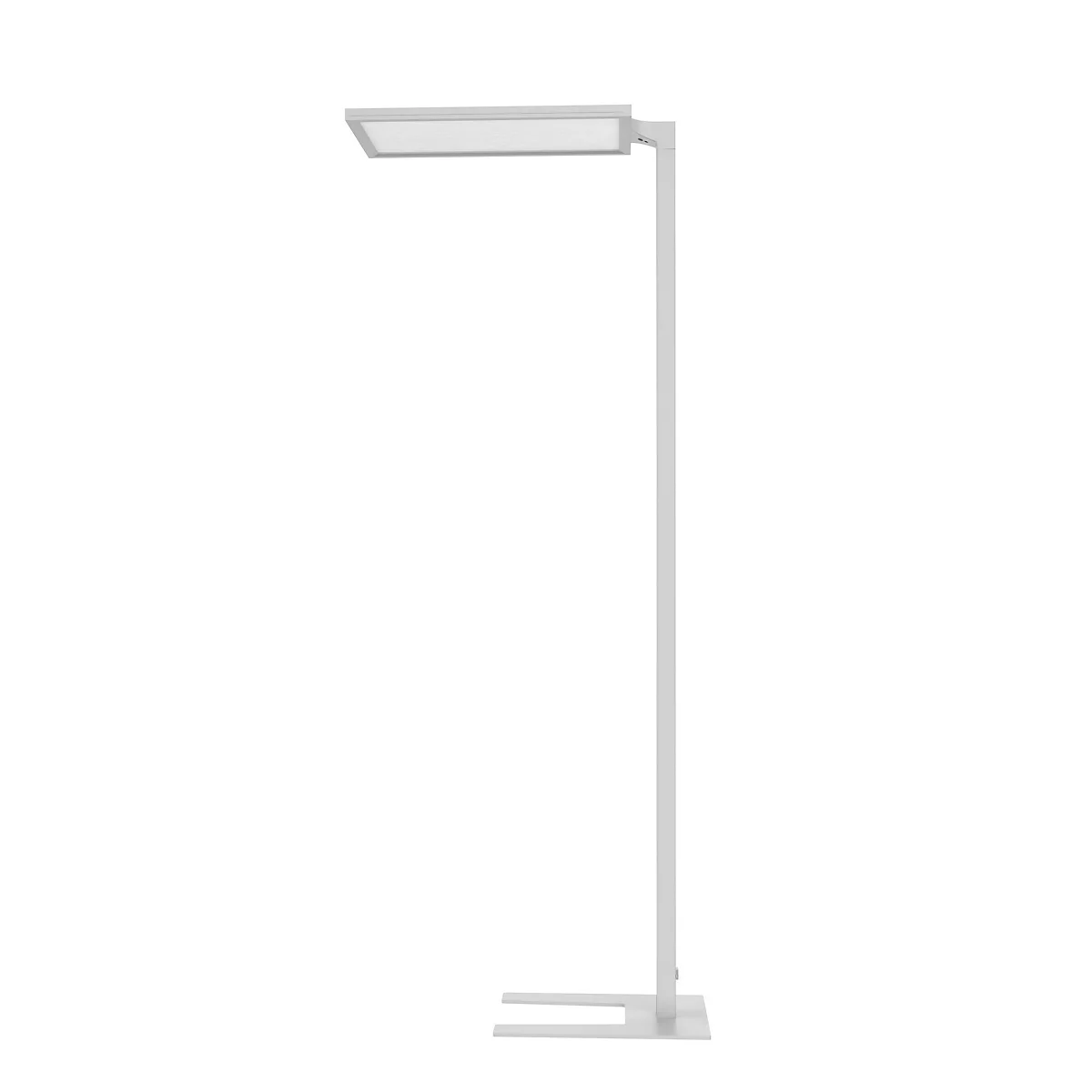 Een slanke vloerlamp met een vierkante, witte lichtkop en een lange, rechte stang. De voet is ook vierkant.