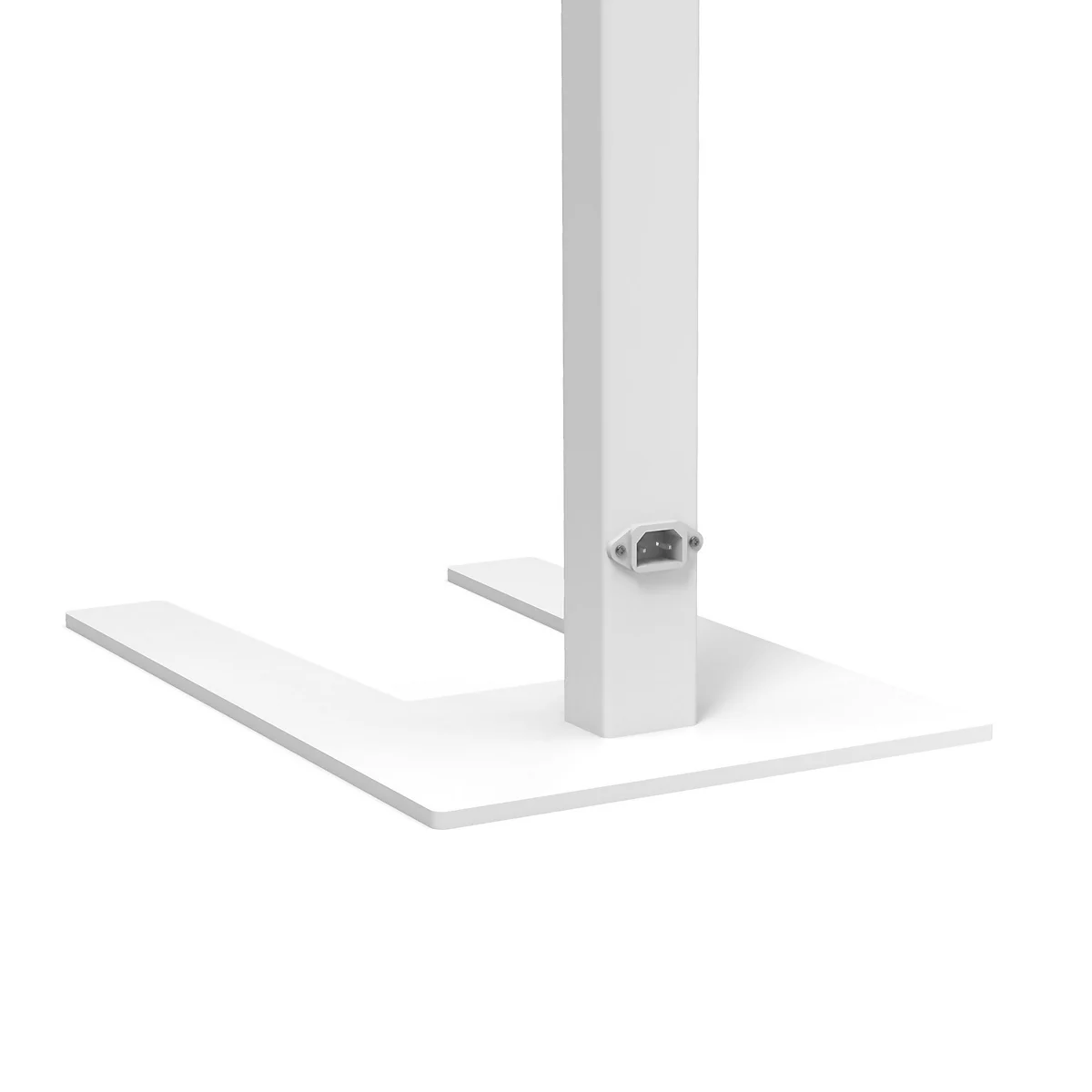 Base de bureau debout blanche avec base en forme de U et tige de colonne rectangulaire avec connexion.