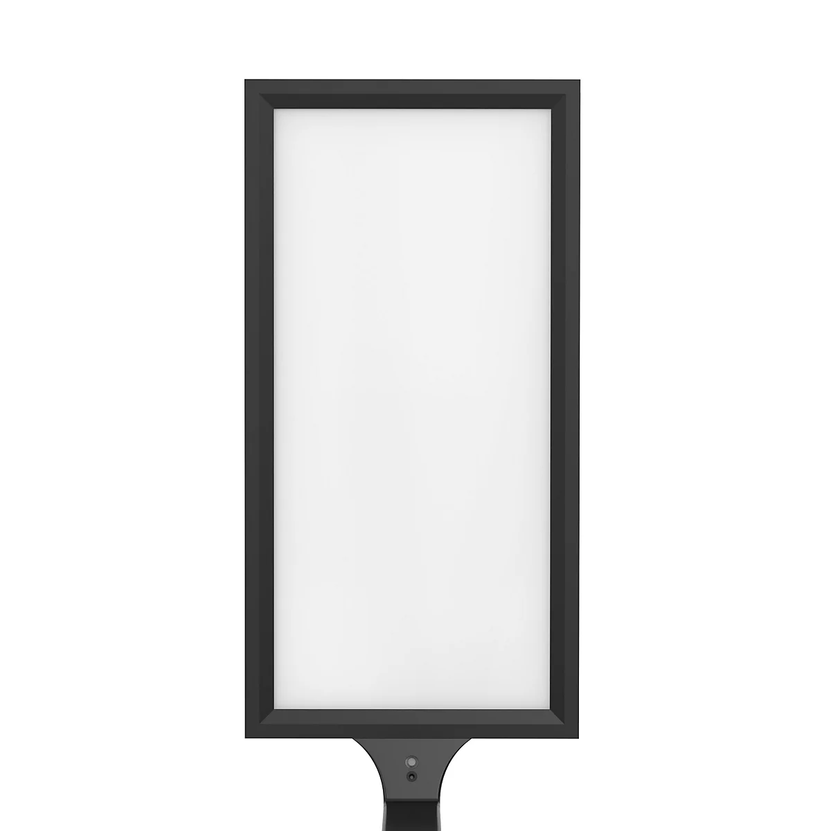 Cadre noir rectangulaire avec champ intérieur blanc. En dessous, une base noire. Le fond est blanc.