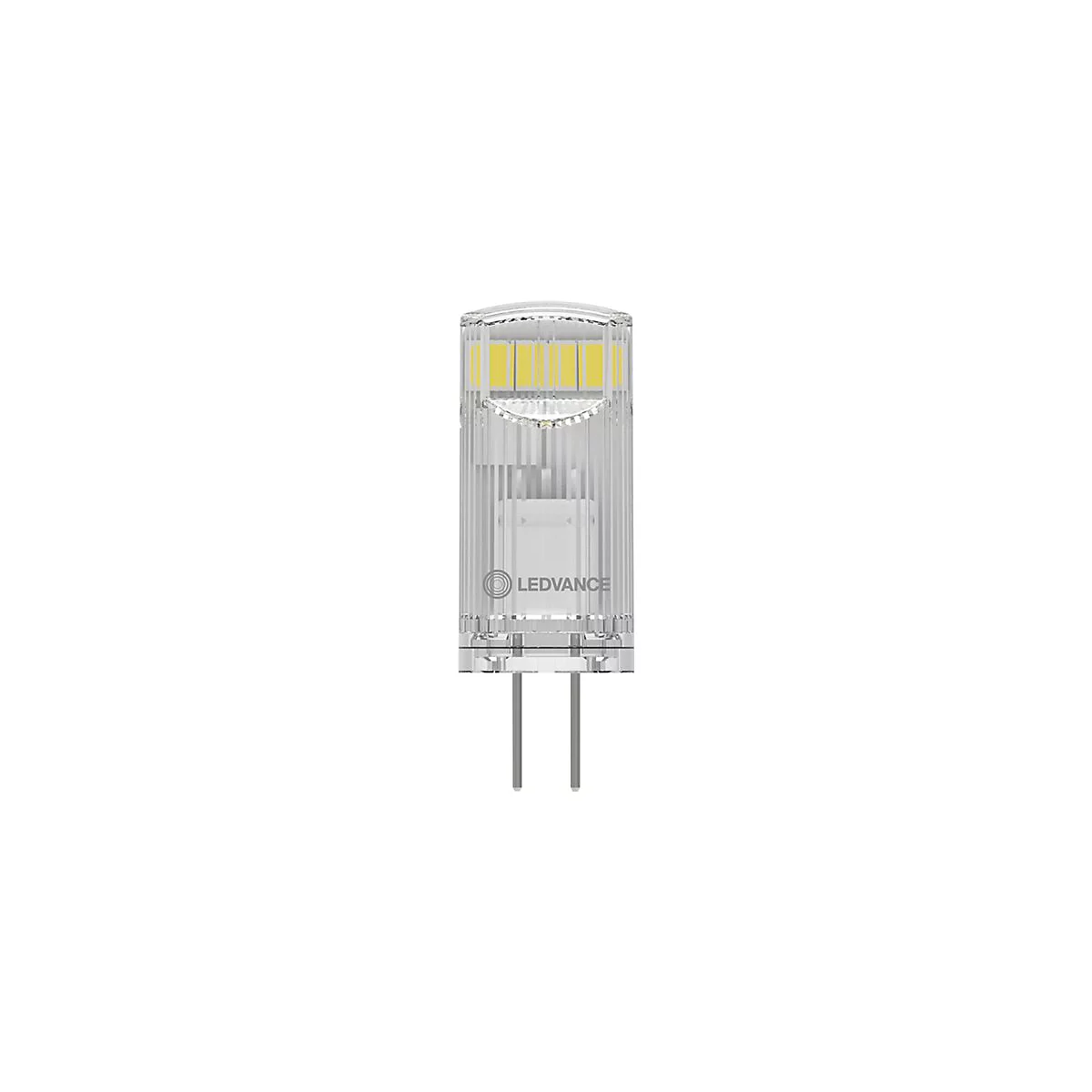 Klares LED-Leuchtmittel mit Stiftsockel und Ledvance-Logo vor weißem Hintergrund.