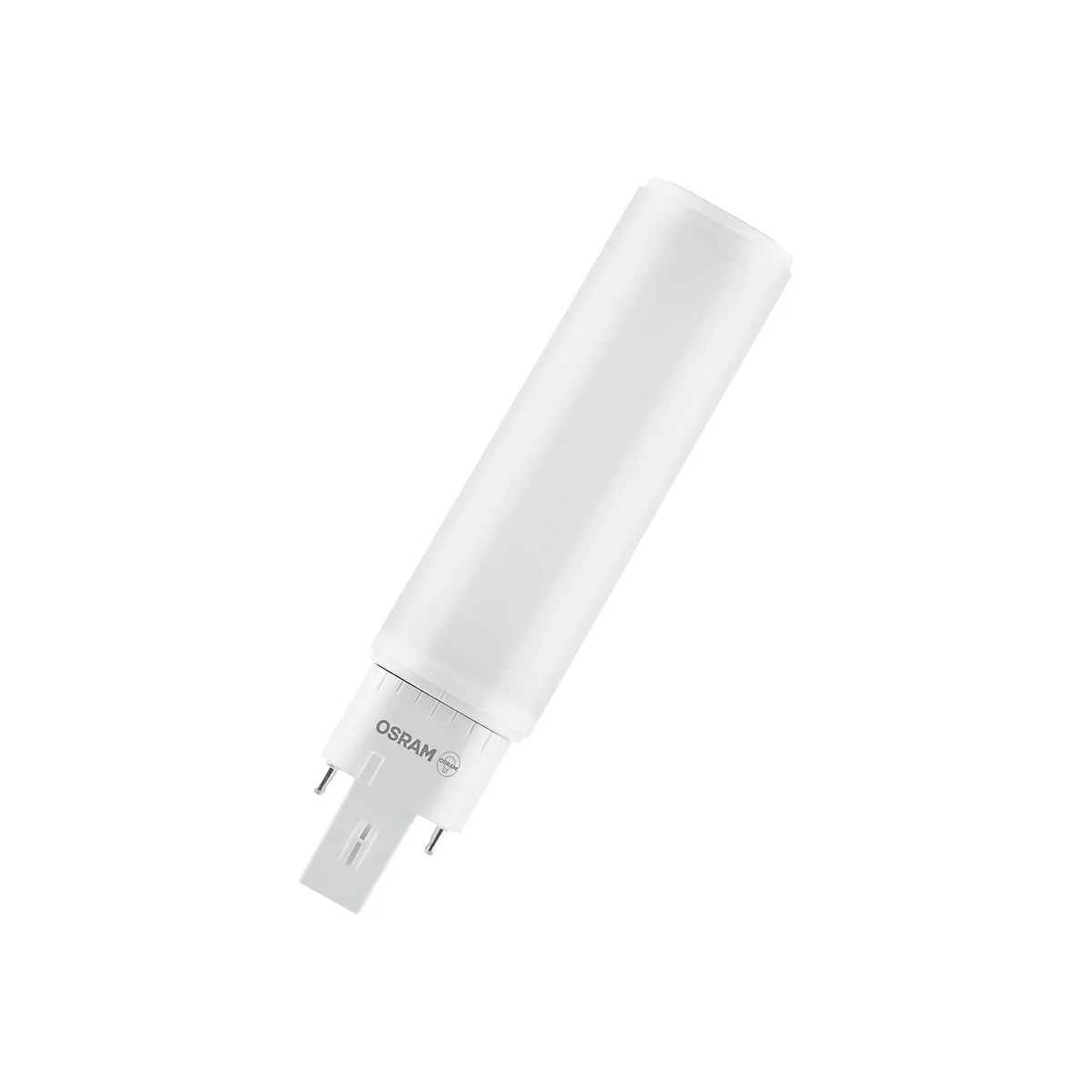 Weiße Osram LED-Kompaktleuchtstofflampe mit mattem Korpus und Sockel vor weißem Hintergrund.