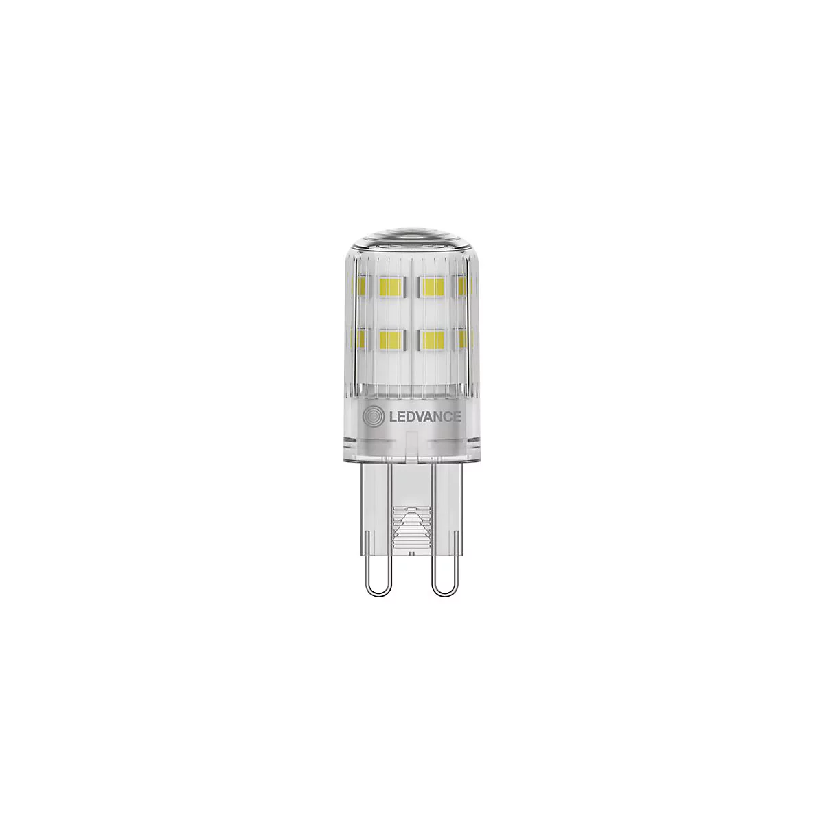 LED-Stiftsockellampe mit klarem Gehäuse und sichtbaren LED-Chips vor neutralem Hintergrund.