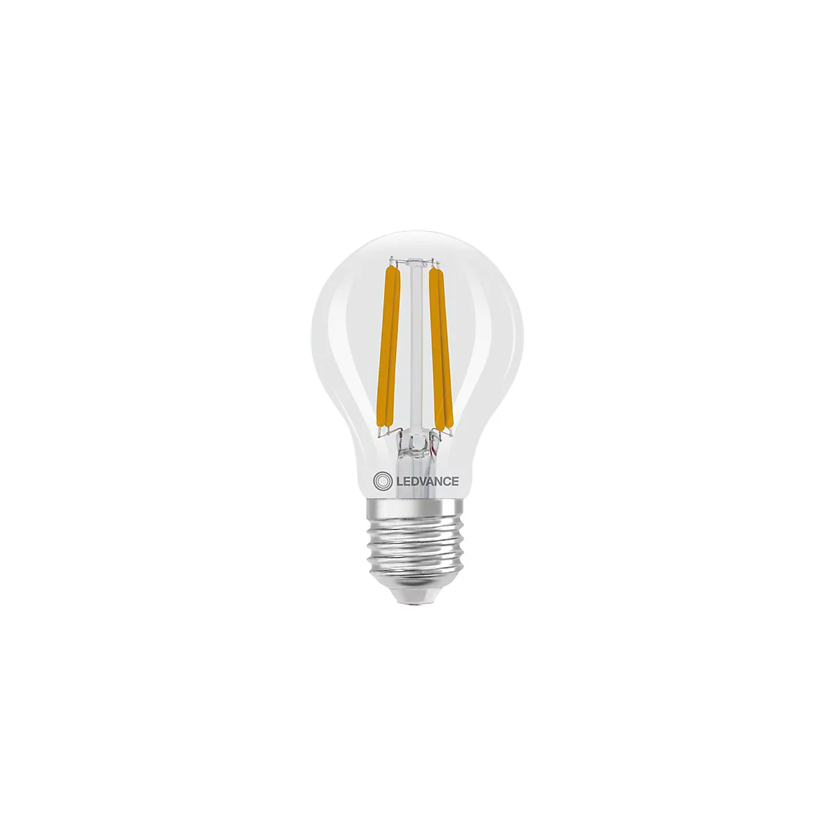 Transparente LED-Lampe in klassischer Glühbirnenform mit sichtbaren gelben Filament-Leuchtfäden und LEDVANCE-Logo.