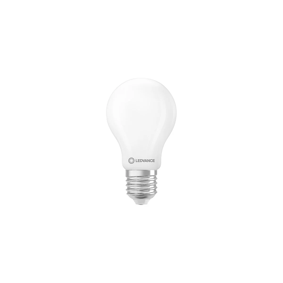 Weiße, klassische LED-Lampe von Ledvance vor weißem Hintergrund.