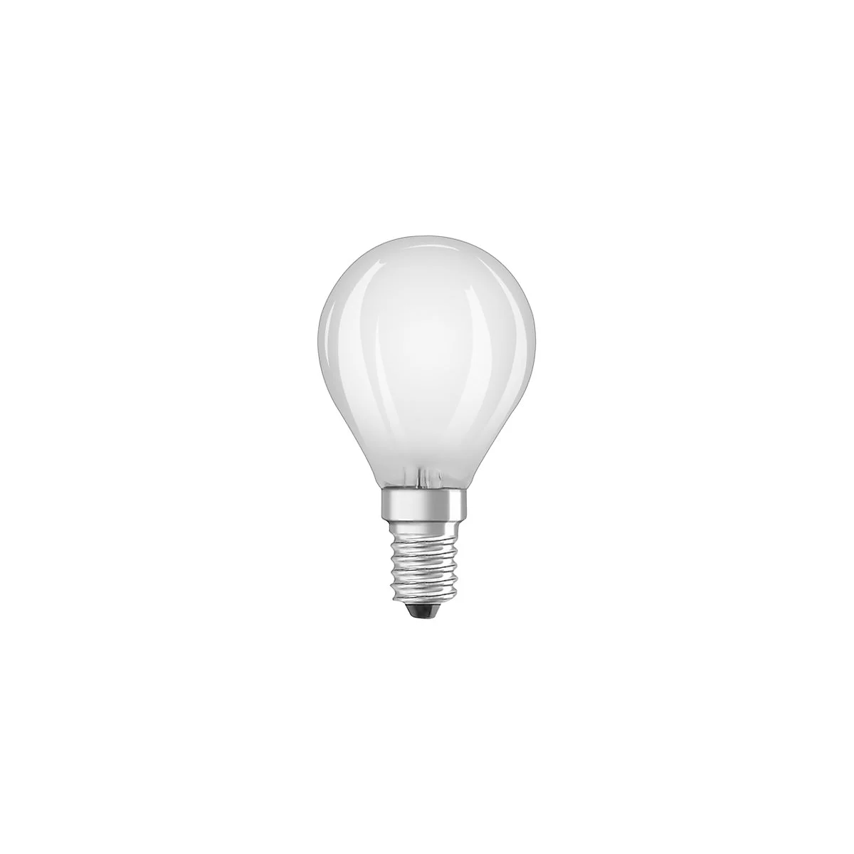 Mattweiße LED-Glühbirne in Tropfenform mit E14-Gewindesockel vor weißem Hintergrund.