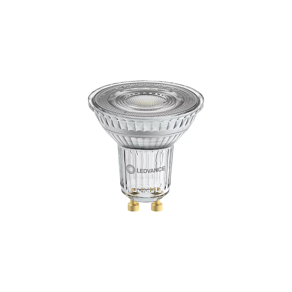 LEDVANCE LED-Reflektorlampe mit klarer Glasstruktur und zwei goldenen Steckkontakten vor weißem Hintergrund.