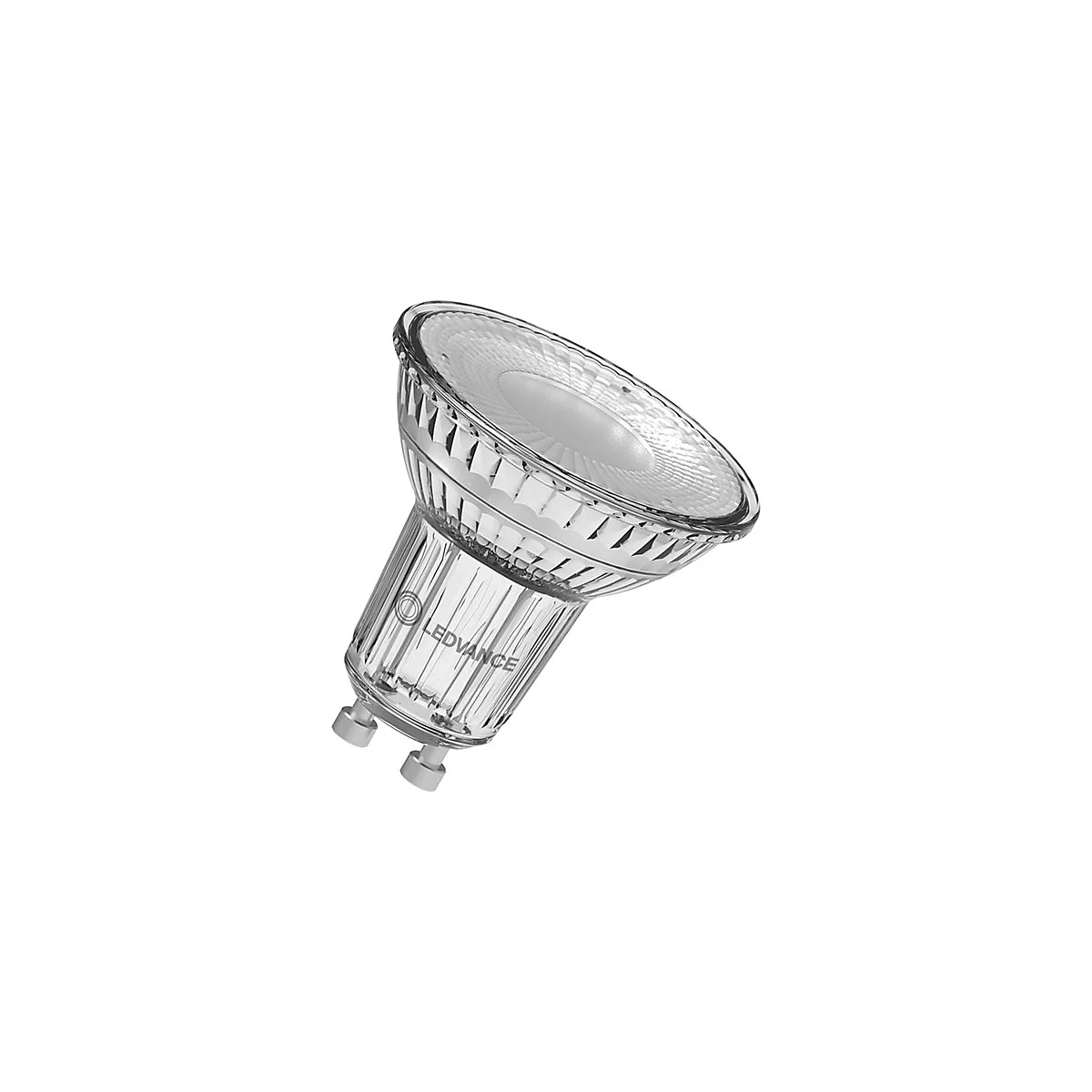 LED-Lampe mit GU10-Sockel und reflektierender Frontoptik, beschriftet mit LEDVANCE.